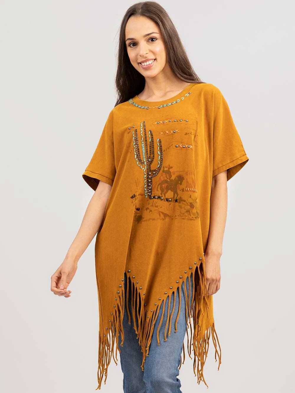 Delila Women Oversized Washed Desert Cactus Fringe Top