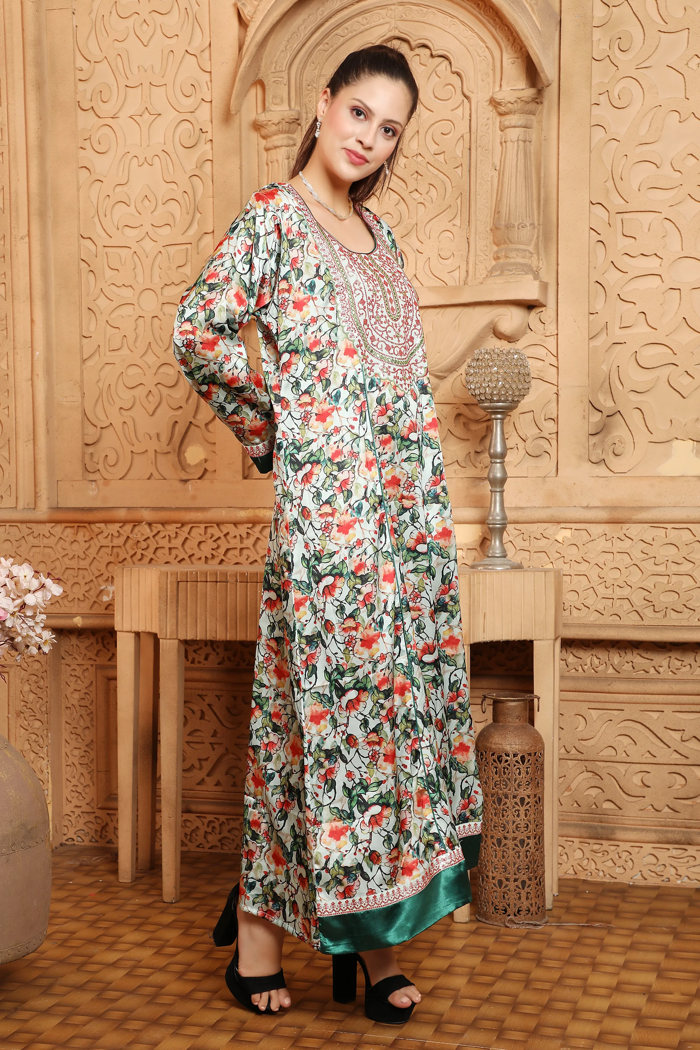 Designer Kaftan Green Digital Print Maxi Gown