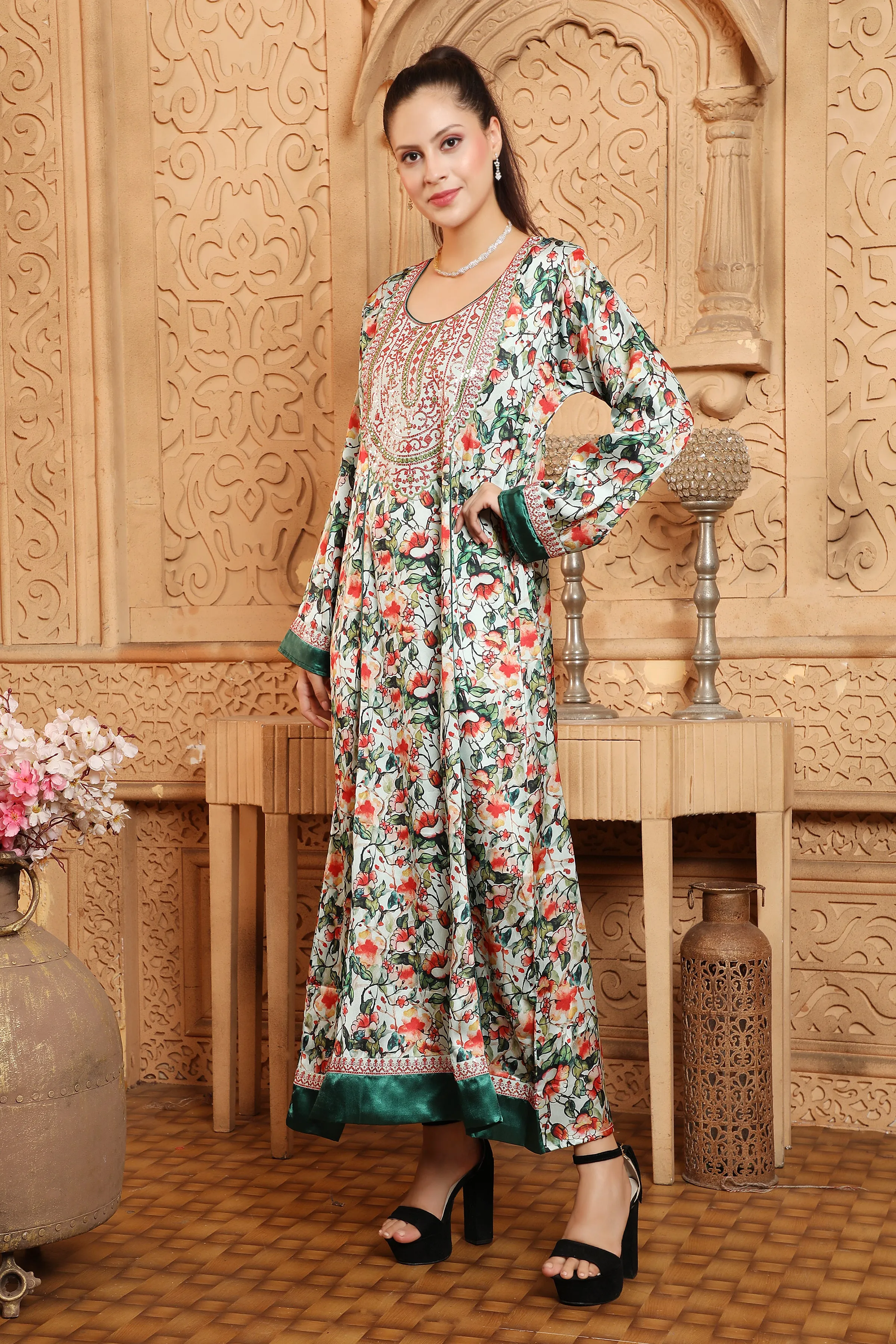 Designer Kaftan Green Digital Print Maxi Gown