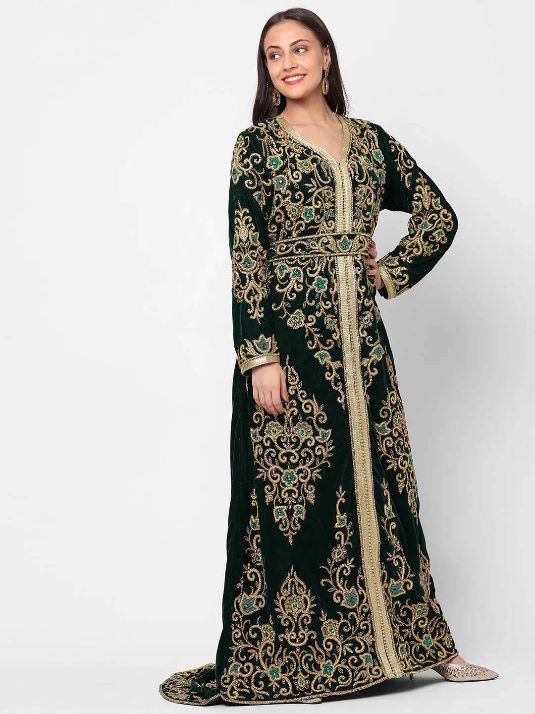 Designer Wedding Dress Crystal Embroidered Kaftan in Dark Green Velvet