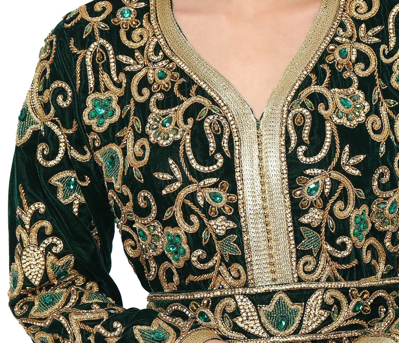 Designer Wedding Dress Crystal Embroidered Kaftan in Dark Green Velvet