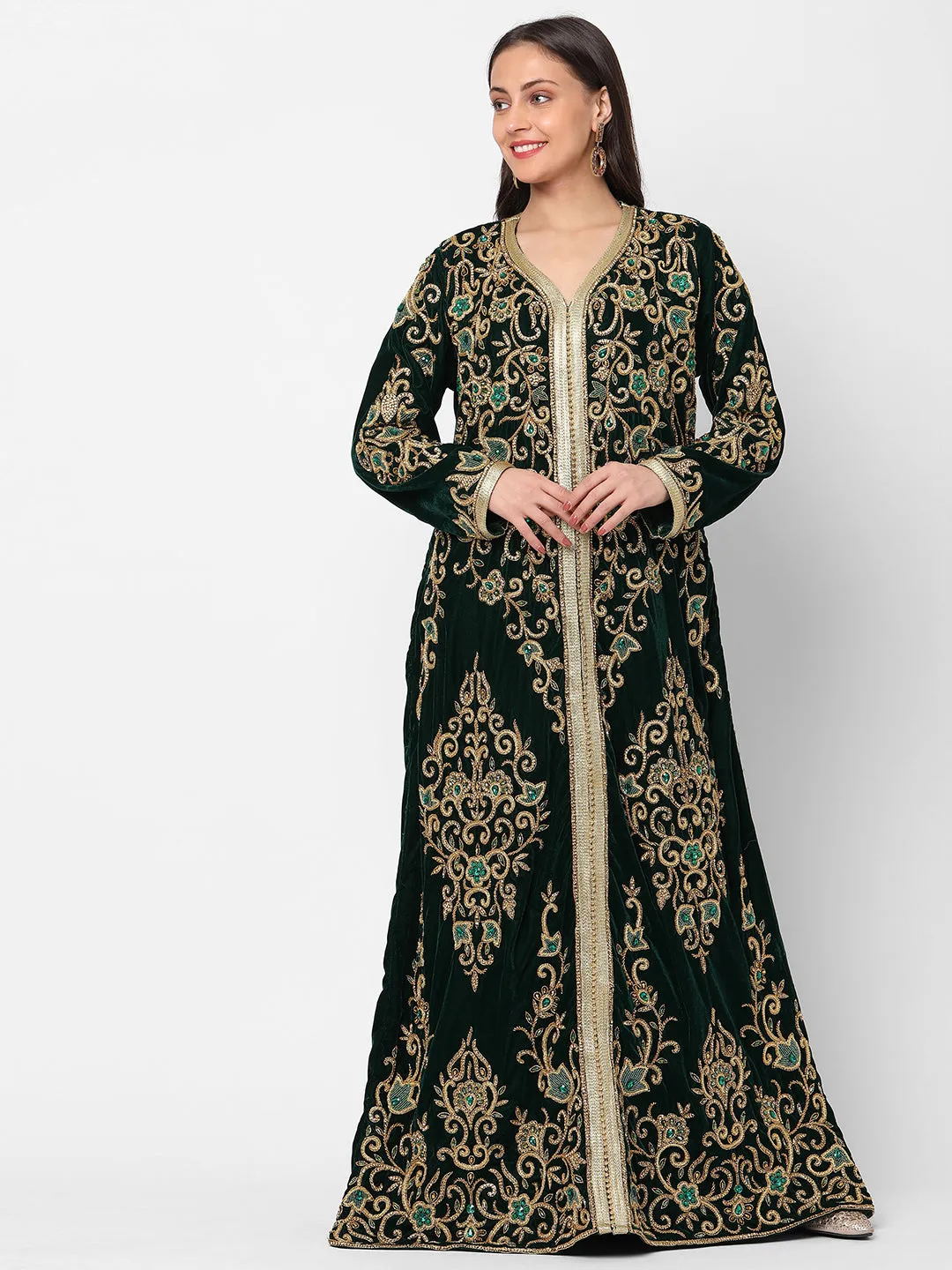 Designer Wedding Dress Crystal Embroidered Kaftan in Dark Green Velvet