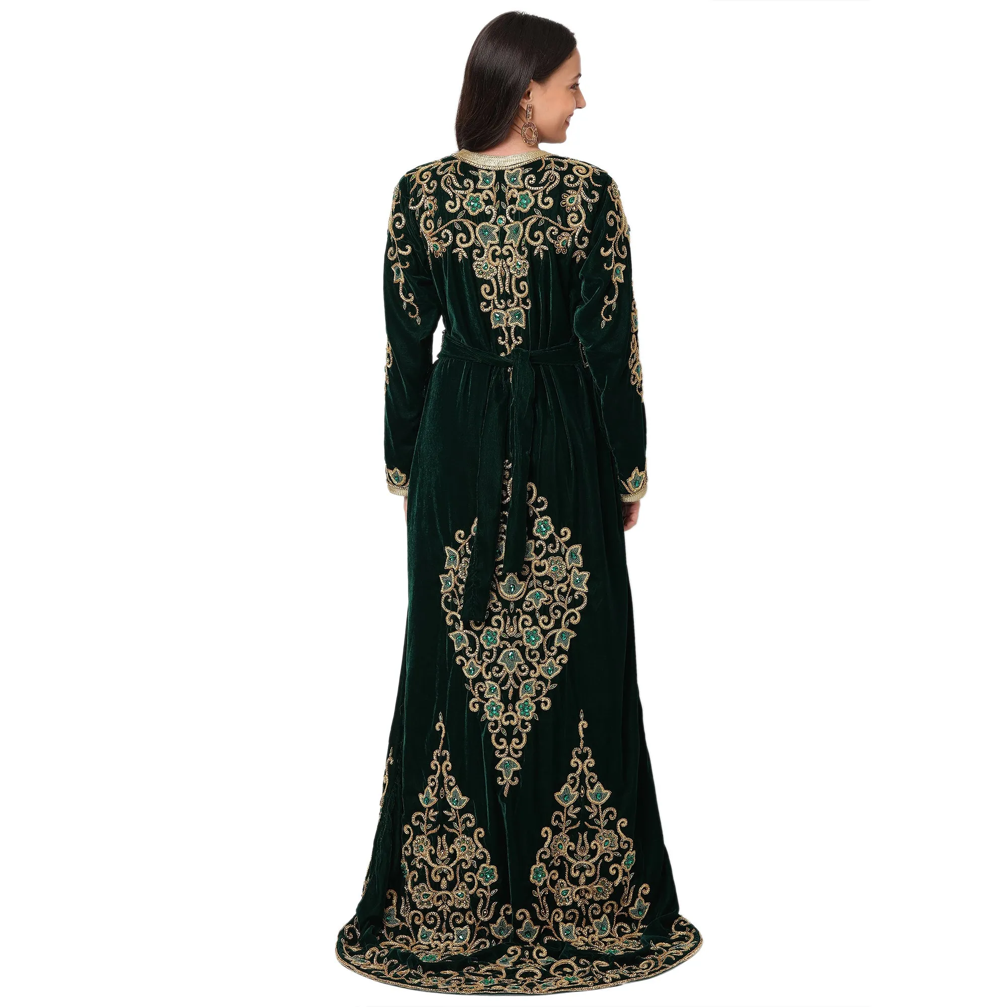 Designer Wedding Dress Crystal Embroidered Kaftan in Dark Green Velvet