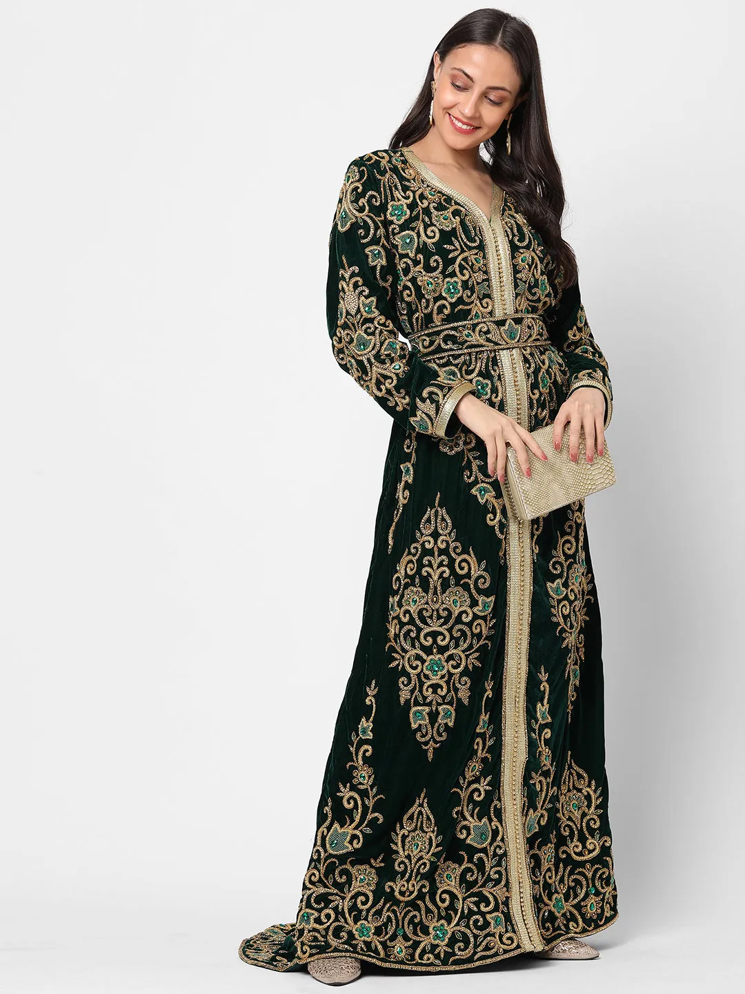 Designer Wedding Dress Crystal Embroidered Kaftan in Dark Green Velvet