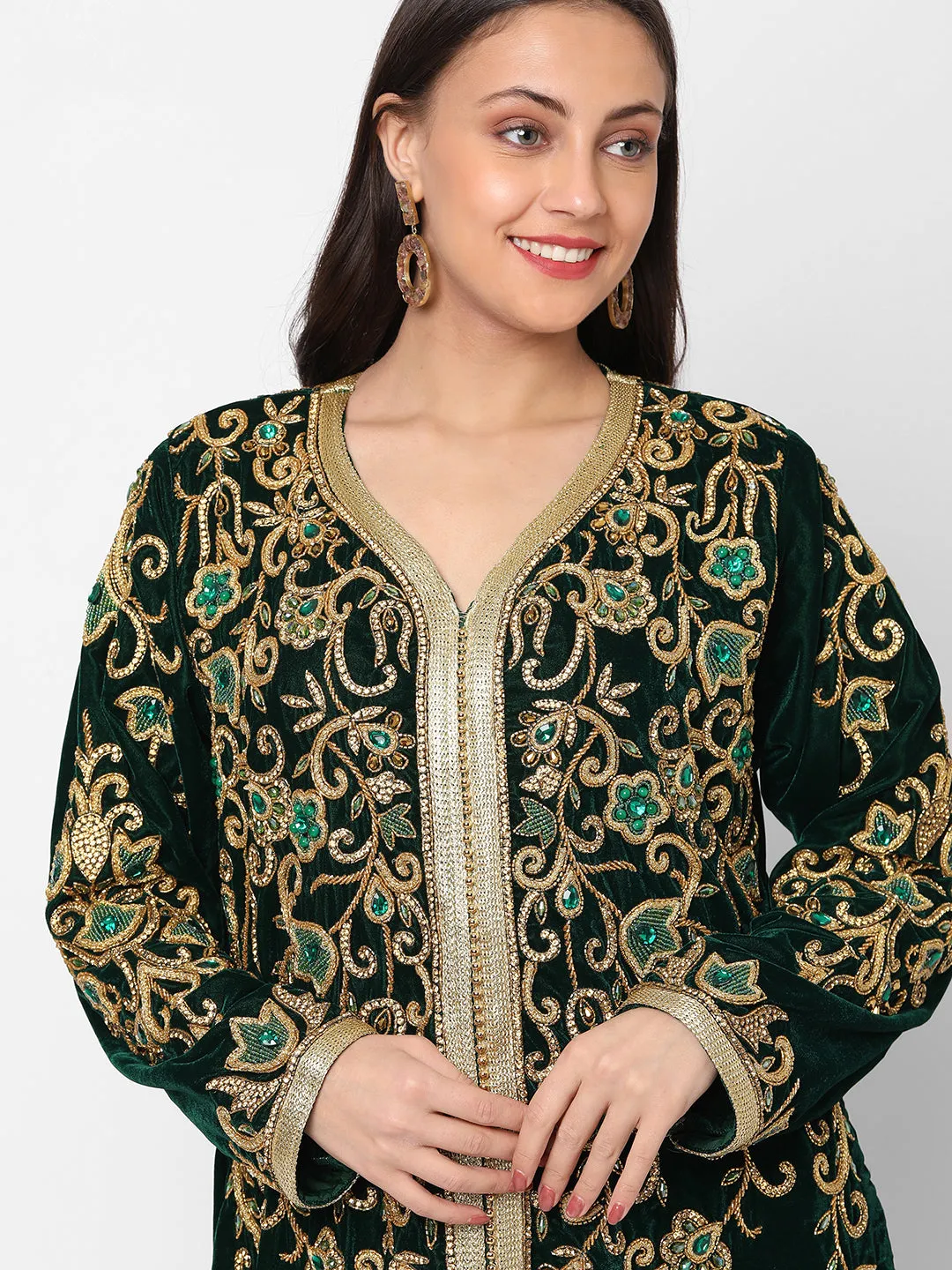 Designer Wedding Dress Crystal Embroidered Kaftan in Dark Green Velvet