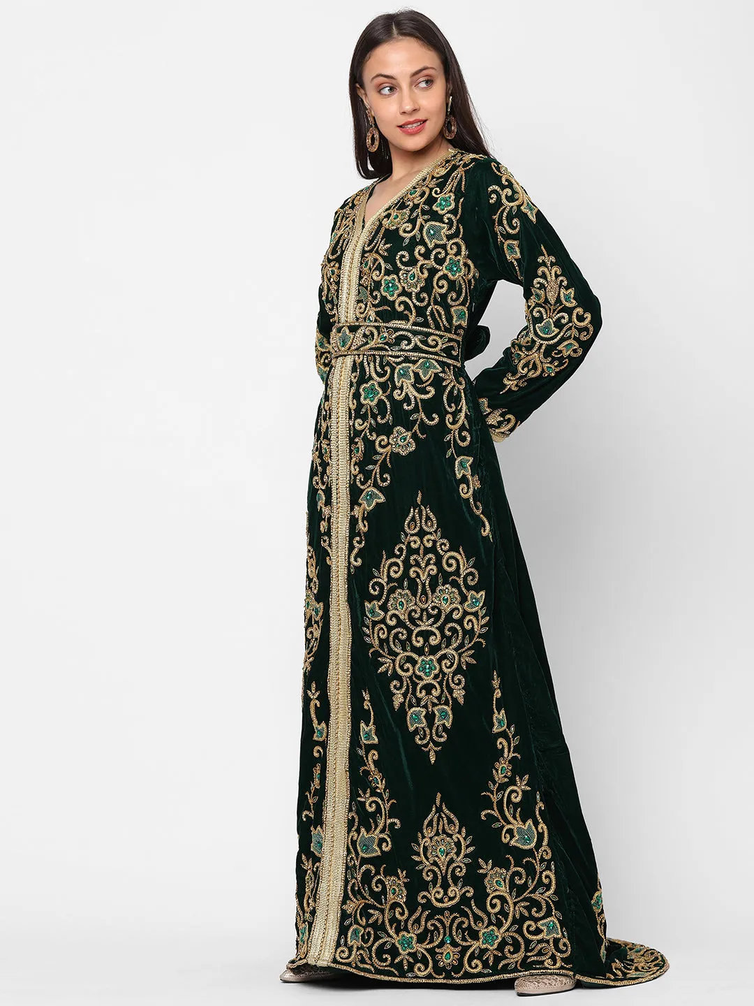 Designer Wedding Dress Crystal Embroidered Kaftan in Dark Green Velvet