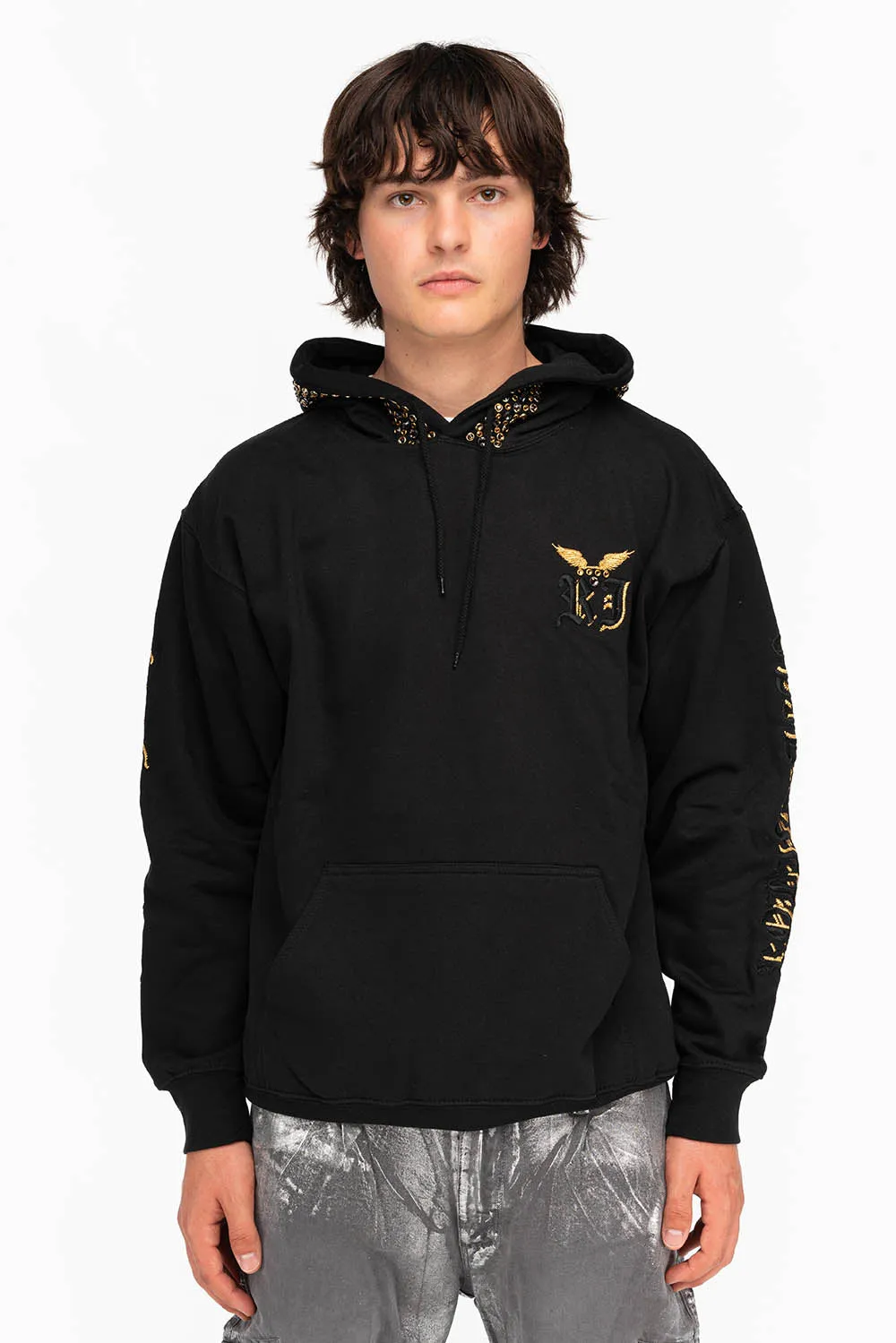 DRESSED UP PULLOVER HOODIE WITH CRYSTALS IN BLACK