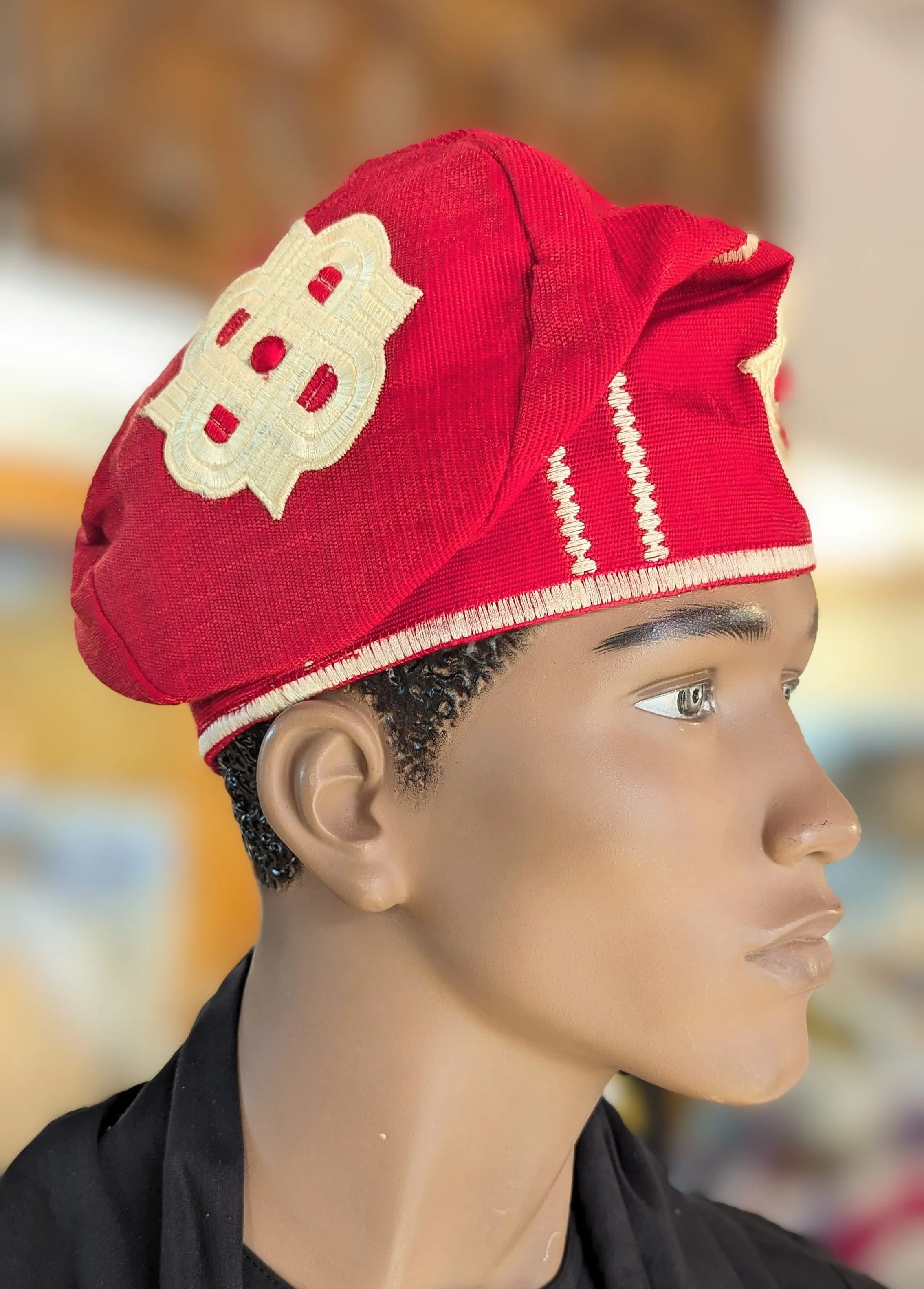 Dupsie's Adeagbo Royal Red Nigerian African Beige Cream Embroidered Aso Oke Handwoven Fila Kufi Cap Hat DPHARCB30