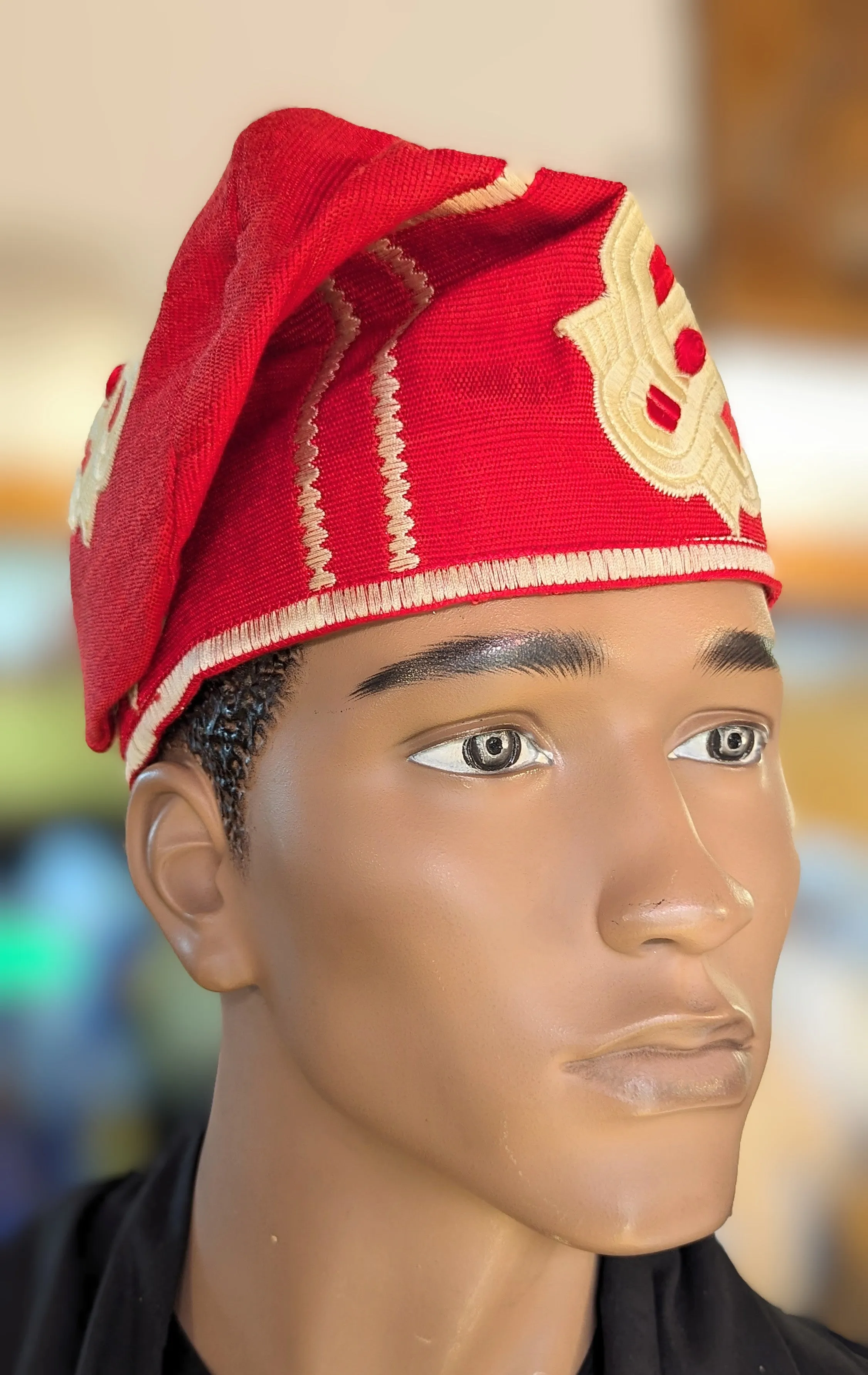 Dupsie's Adeagbo Royal Red Nigerian African Beige Cream Embroidered Aso Oke Handwoven Fila Kufi Cap Hat DPHARCB30