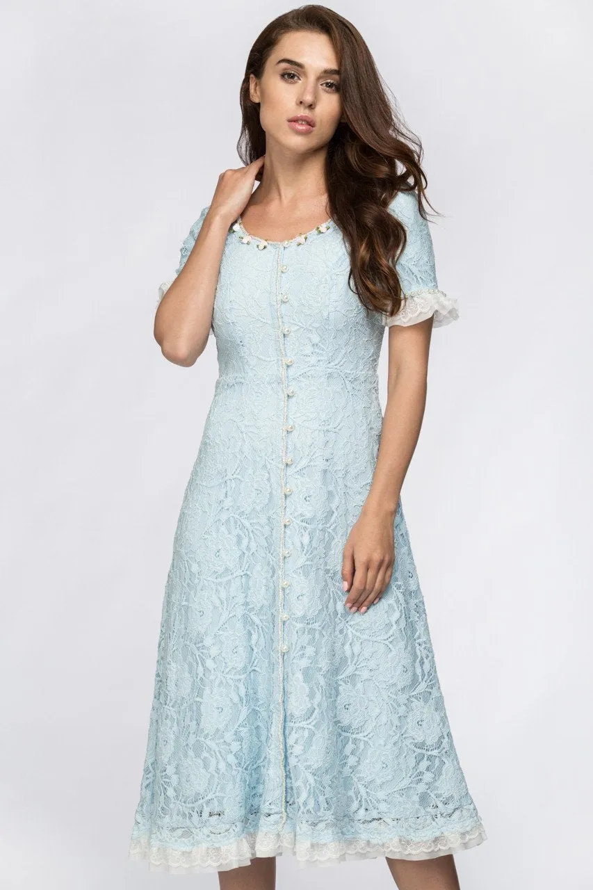 Enchanted Blue Embroidered Princess Midi Dress