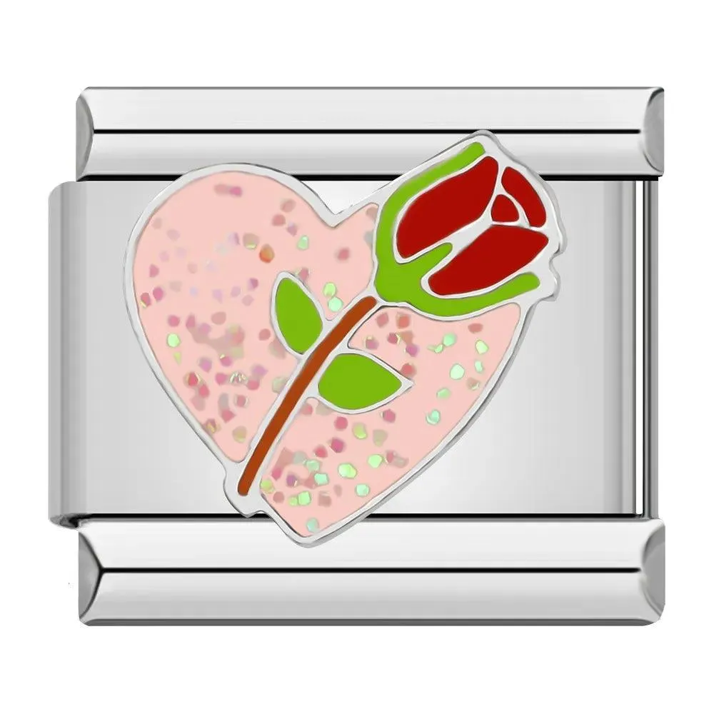 Glittery Pink Heart with Whole Red Rose, on Silver