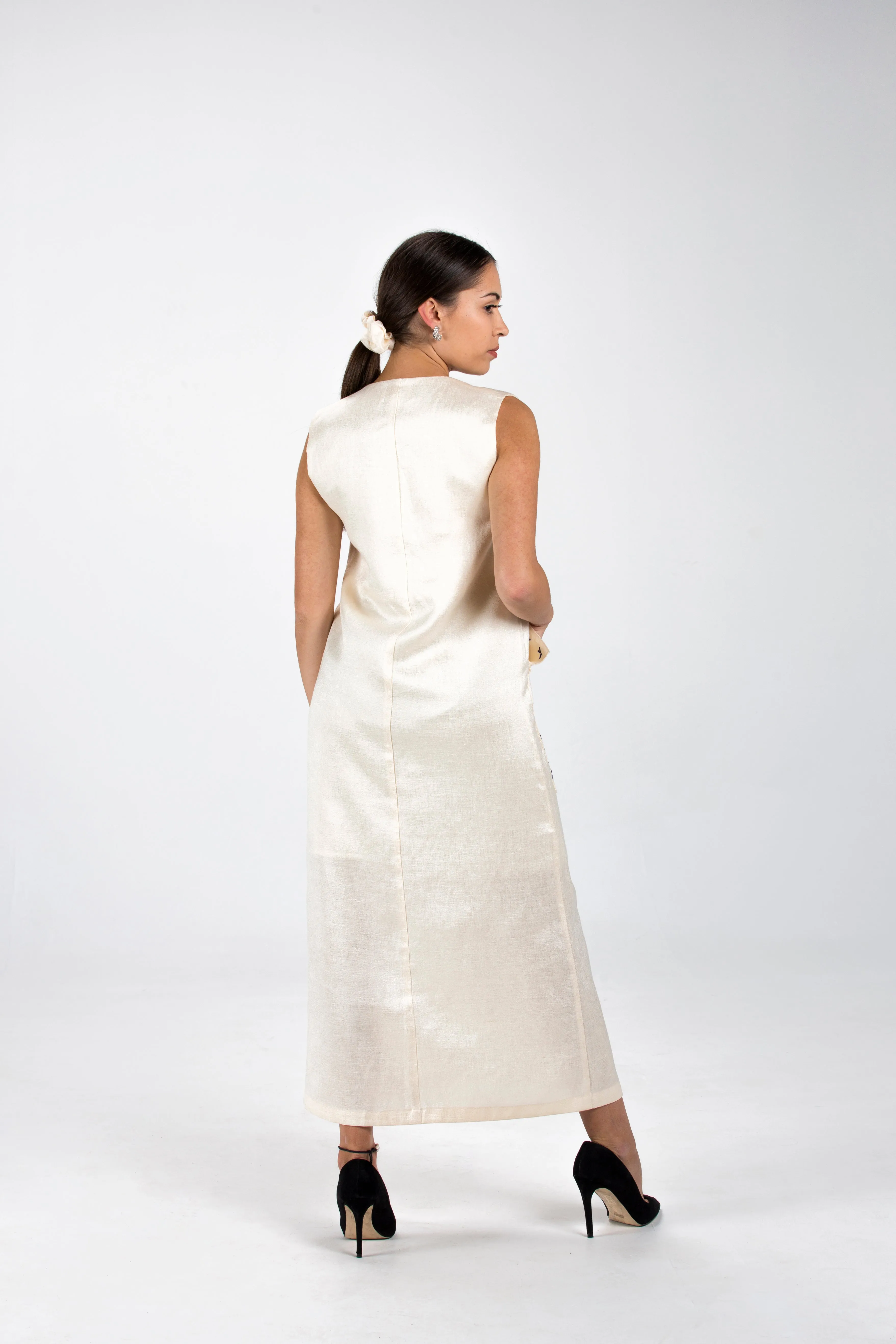 Golden Linen Ankle Length Dress with Oversized Pocket and Embroidery