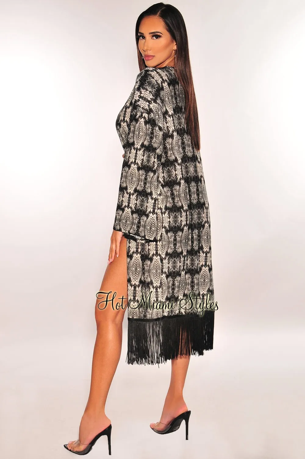 Gray Snake Print Kimono Sleeves Fringe Cover Up