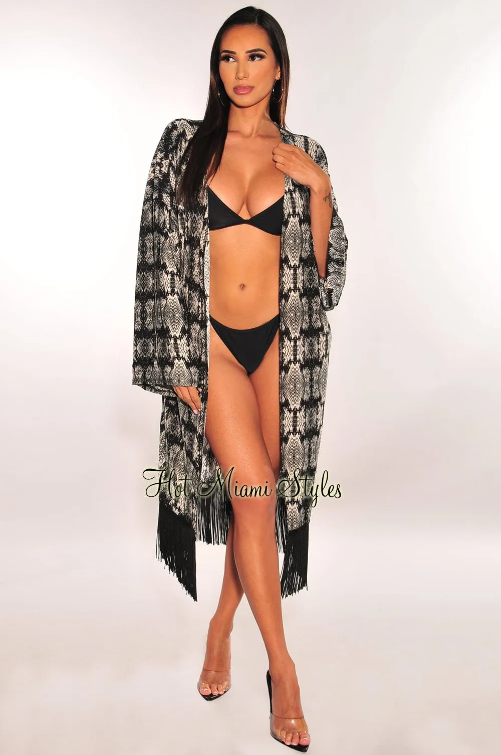 Gray Snake Print Kimono Sleeves Fringe Cover Up