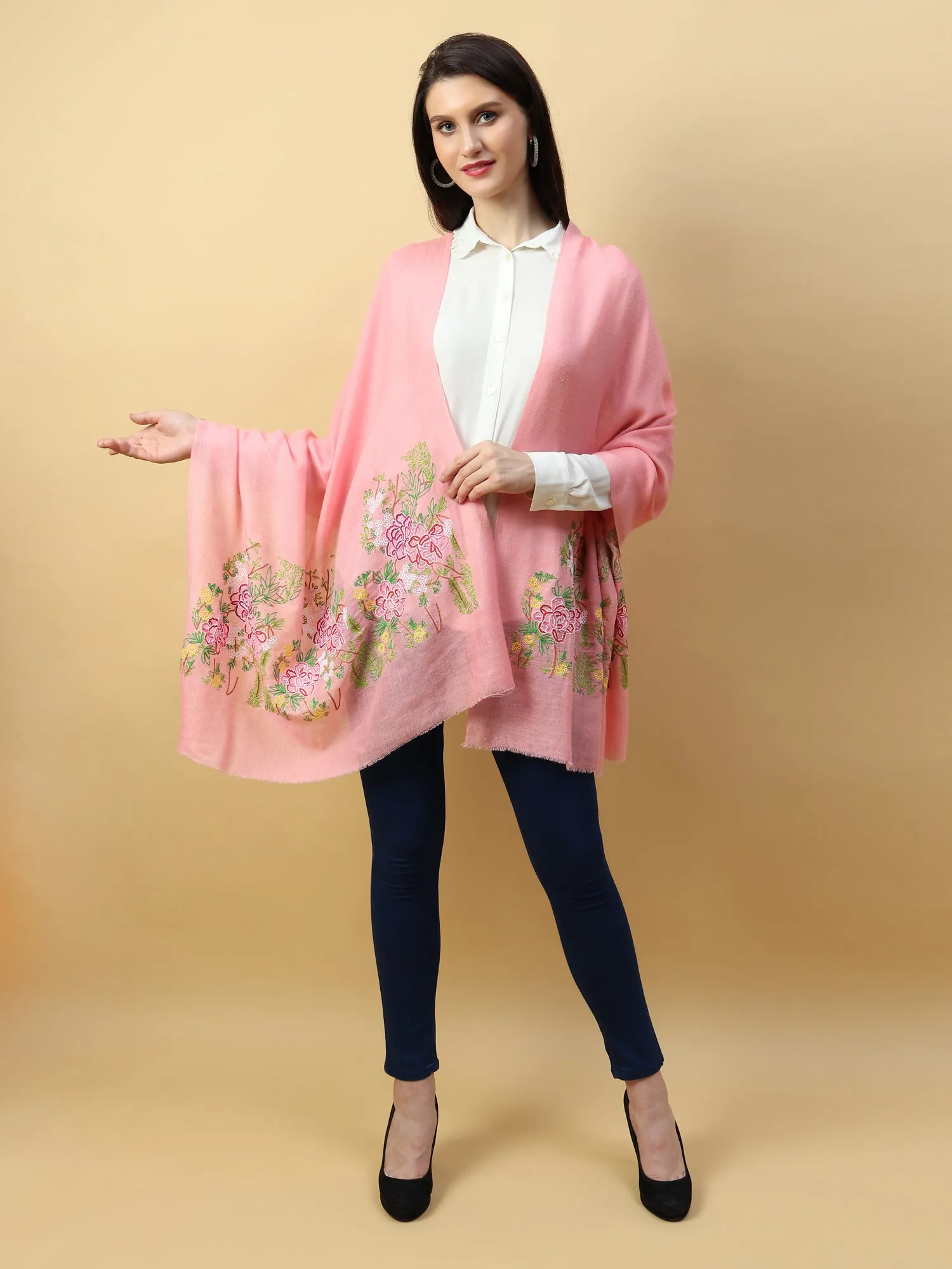 Hand Embroidered Pink Shawl with lotus garden on either ends