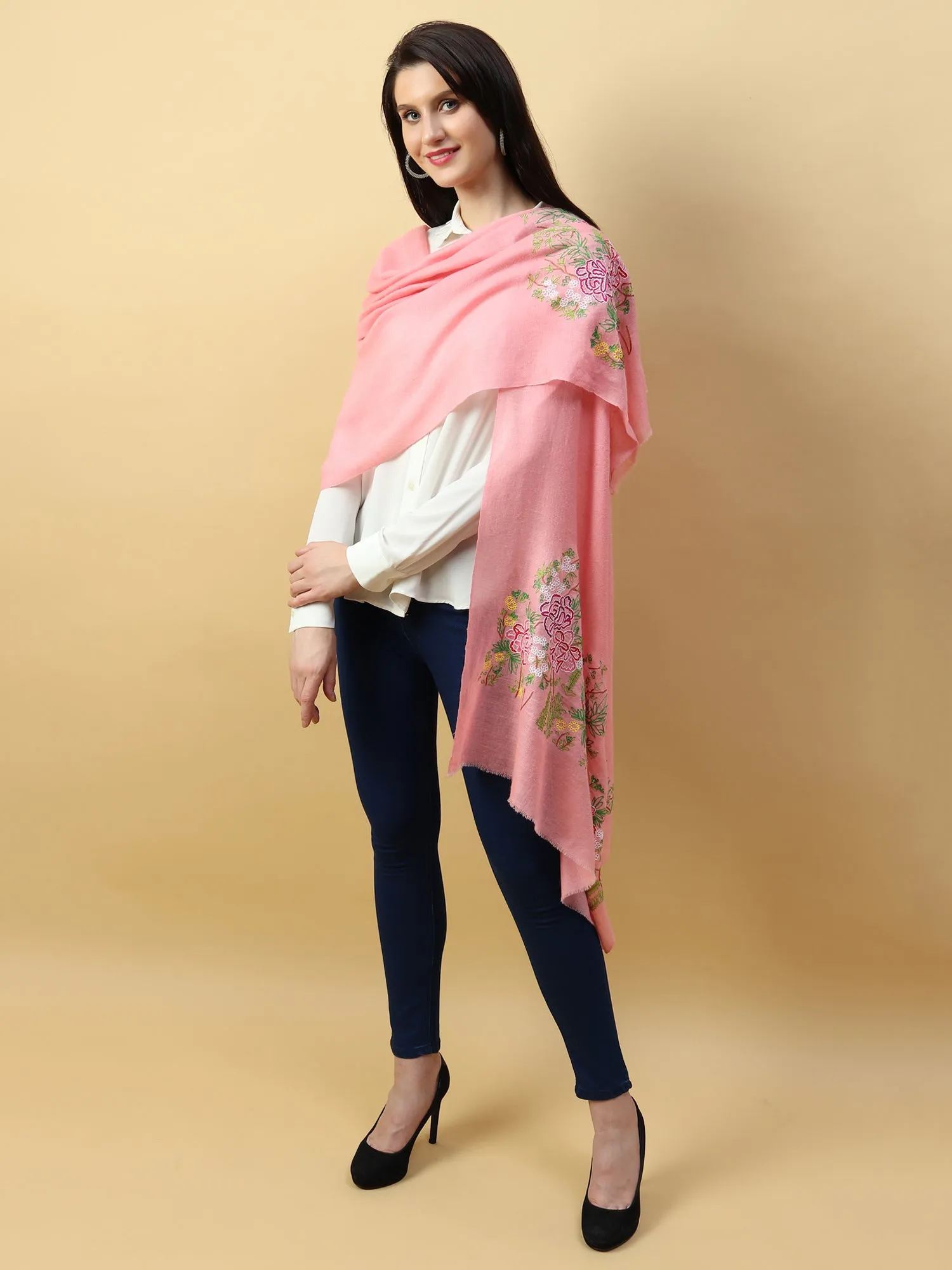 Hand Embroidered Pink Shawl with lotus garden on either ends