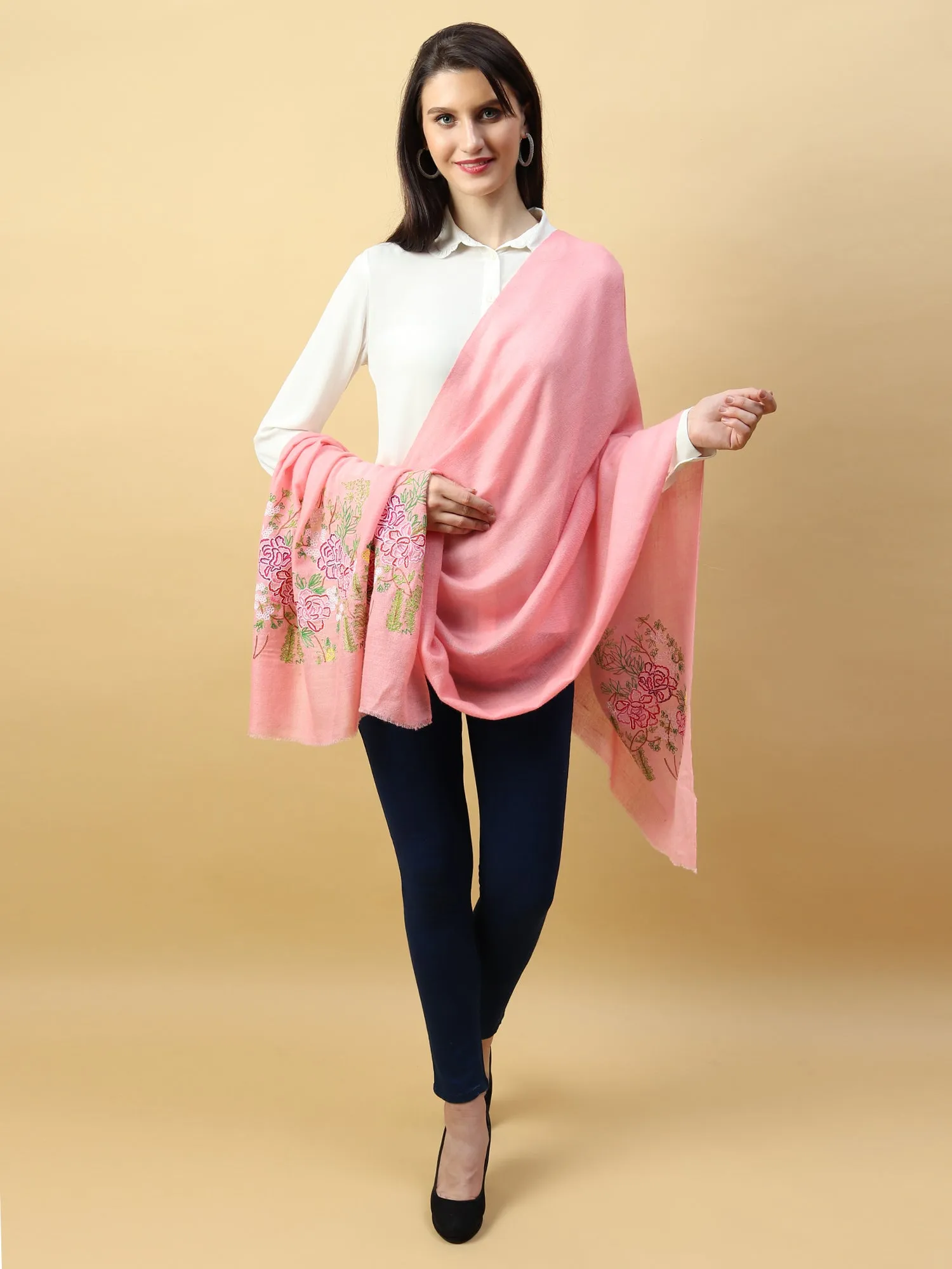 Hand Embroidered Pink Shawl with lotus garden on either ends