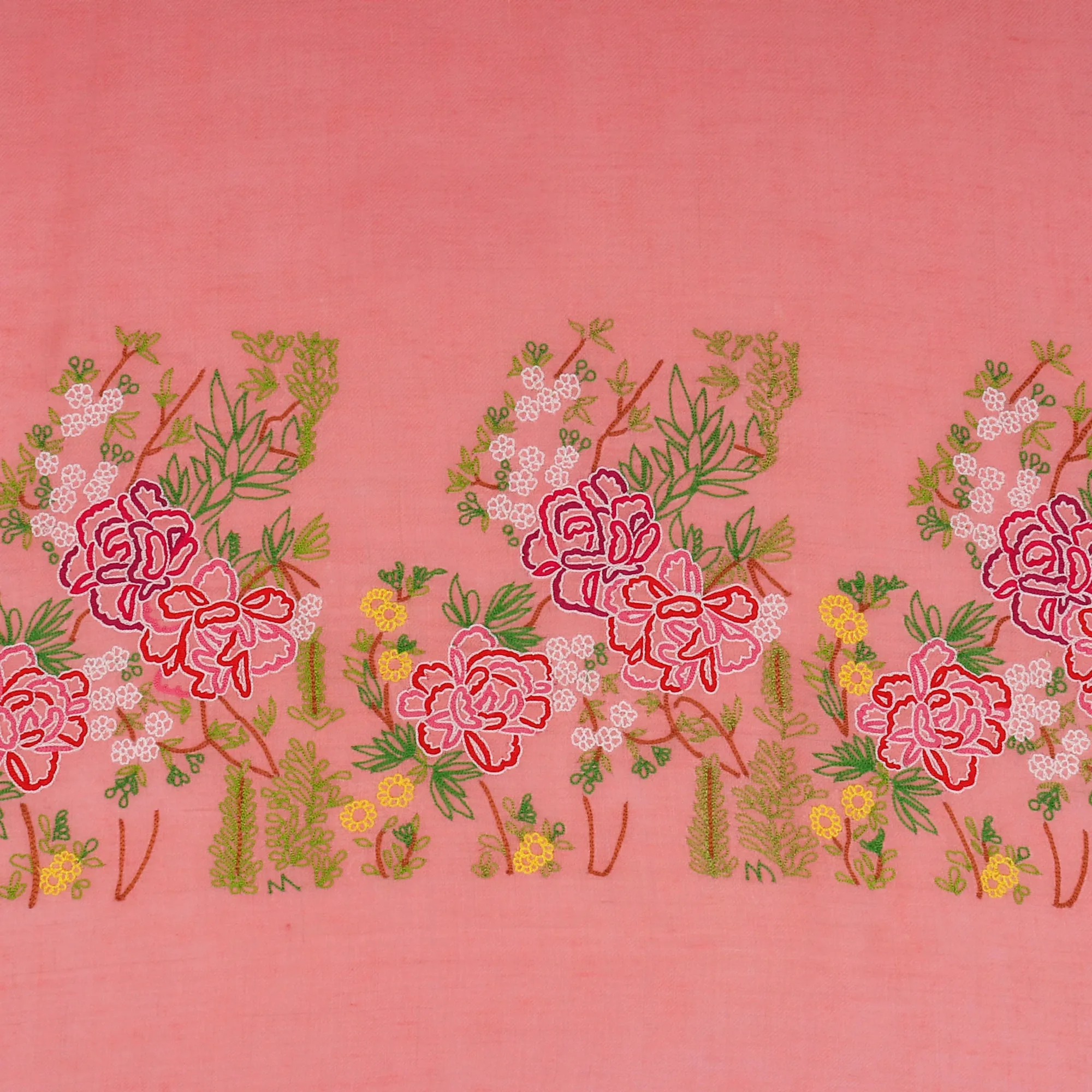 Hand Embroidered Pink Shawl with lotus garden on either ends