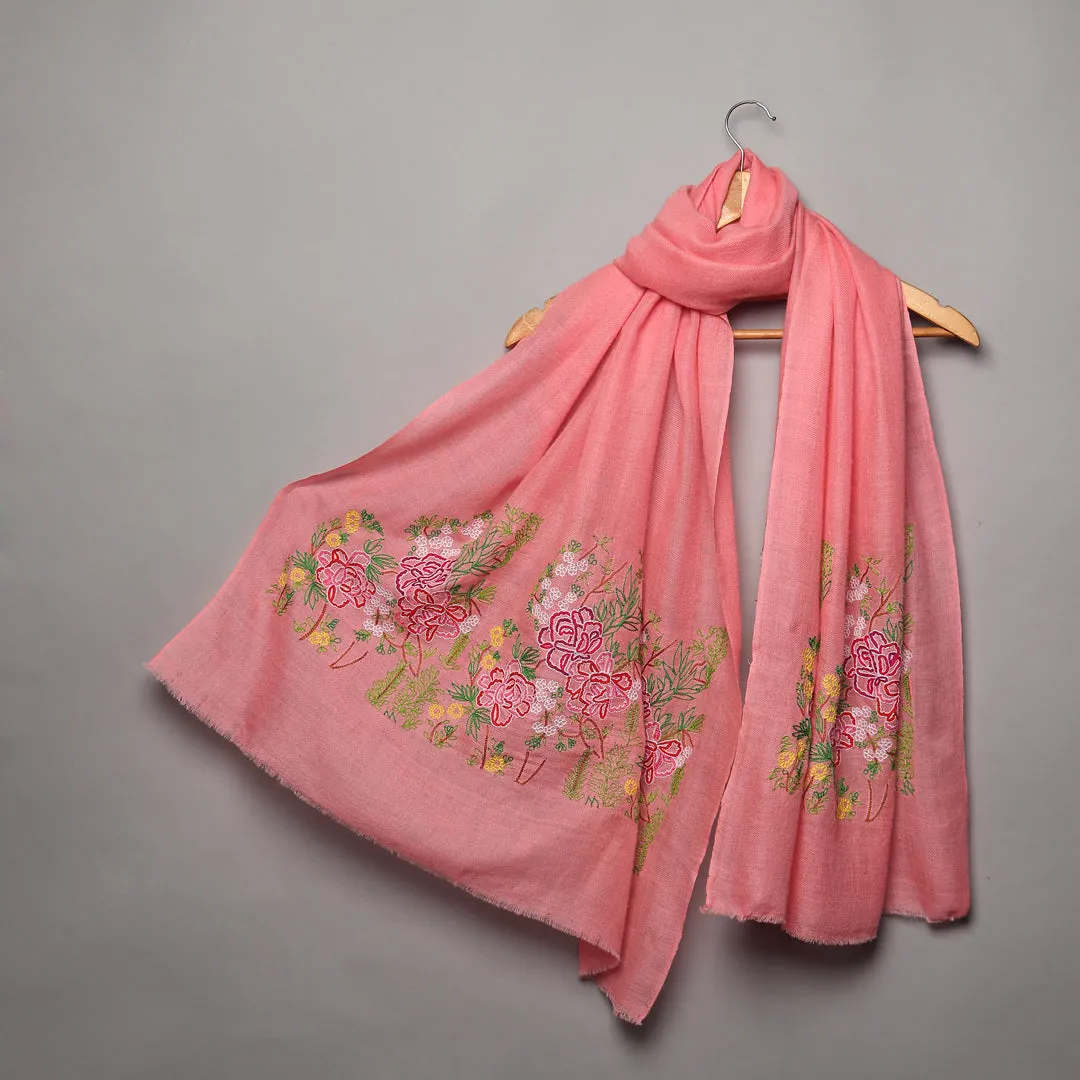 Hand Embroidered Pink Shawl with lotus garden on either ends