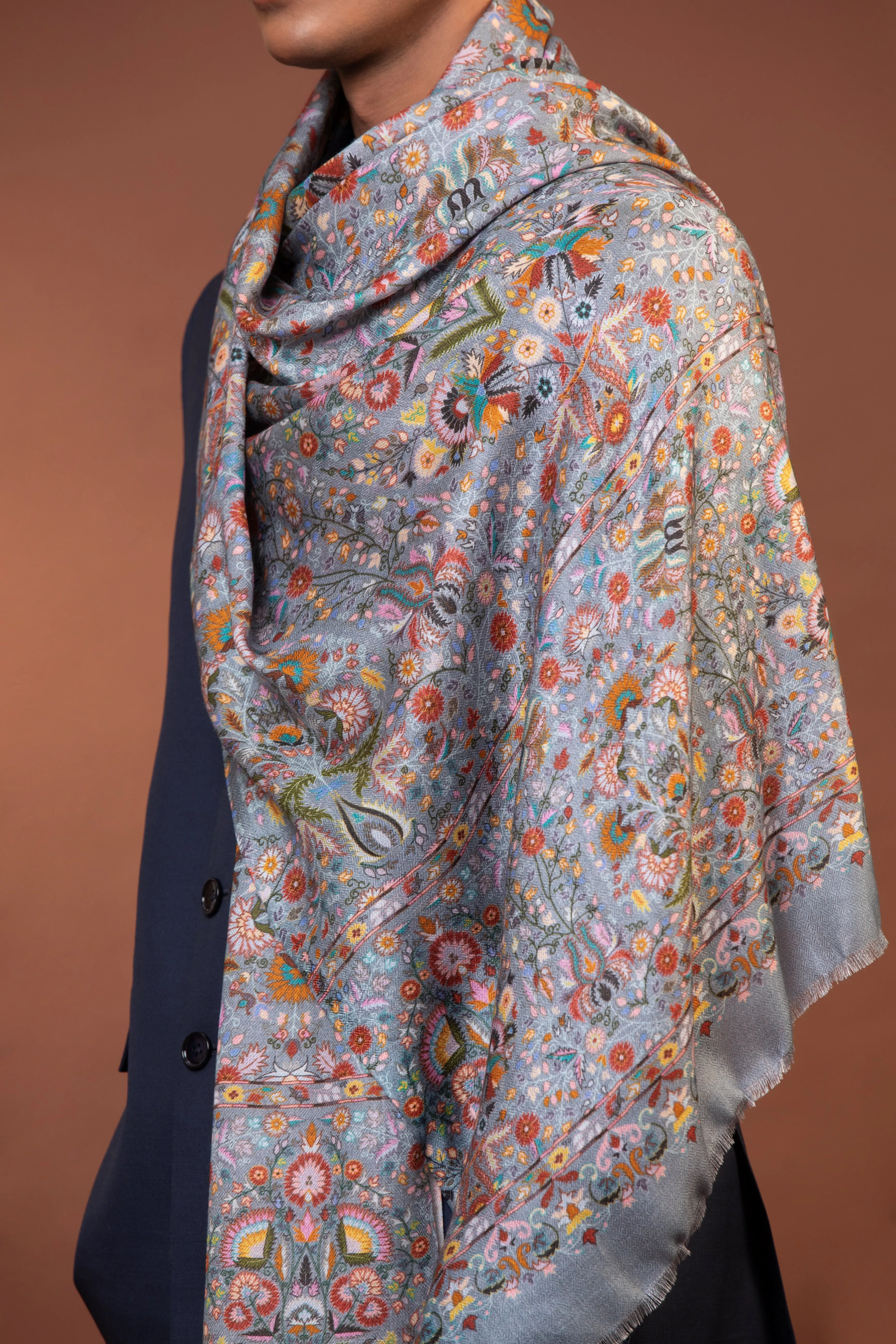 Kashmiri Pure Viscose Handloom Shawl with Multicolor Floral Embroidery