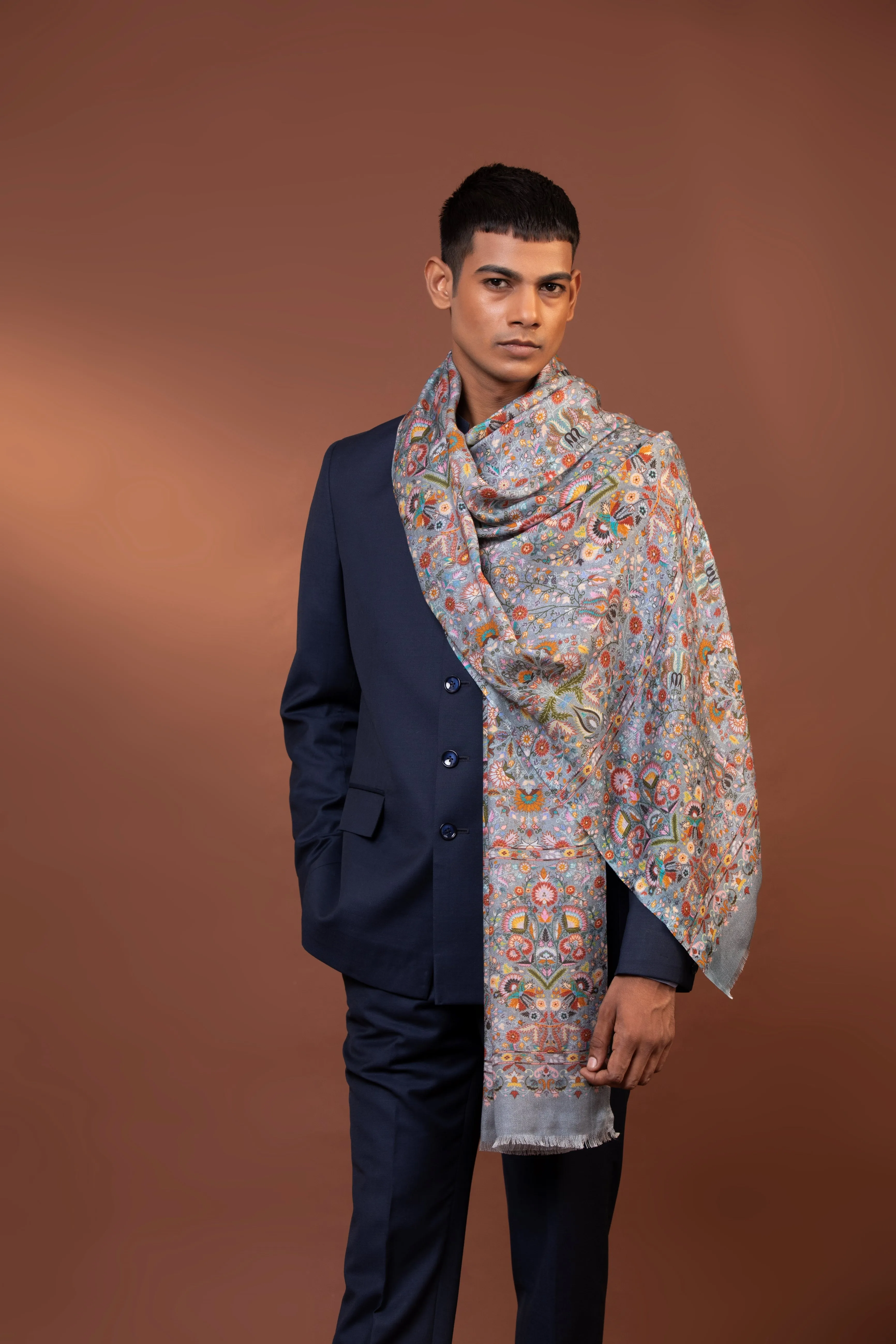 Kashmiri Pure Viscose Handloom Shawl with Multicolor Floral Embroidery