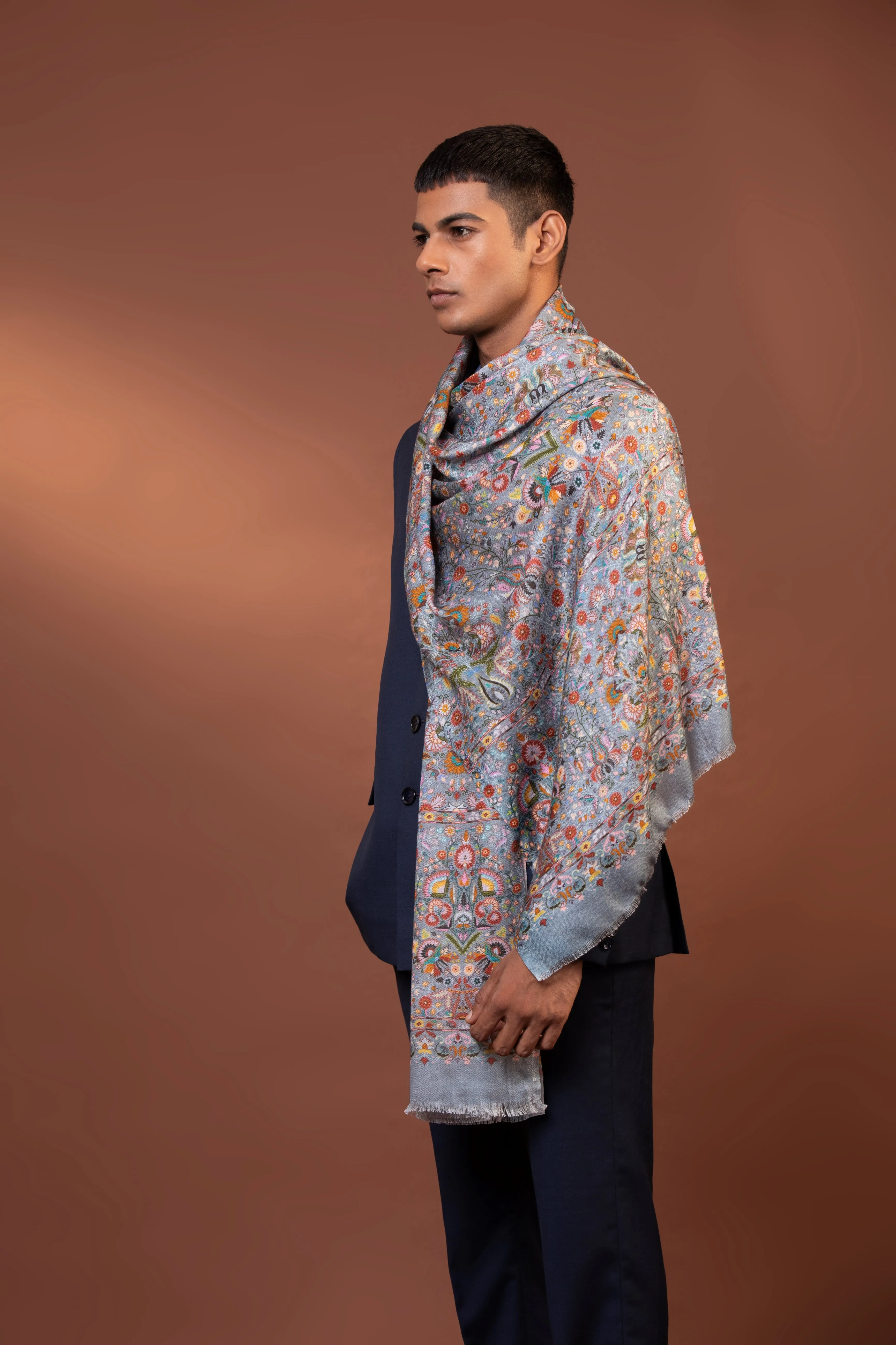 Kashmiri Pure Viscose Handloom Shawl with Multicolor Floral Embroidery