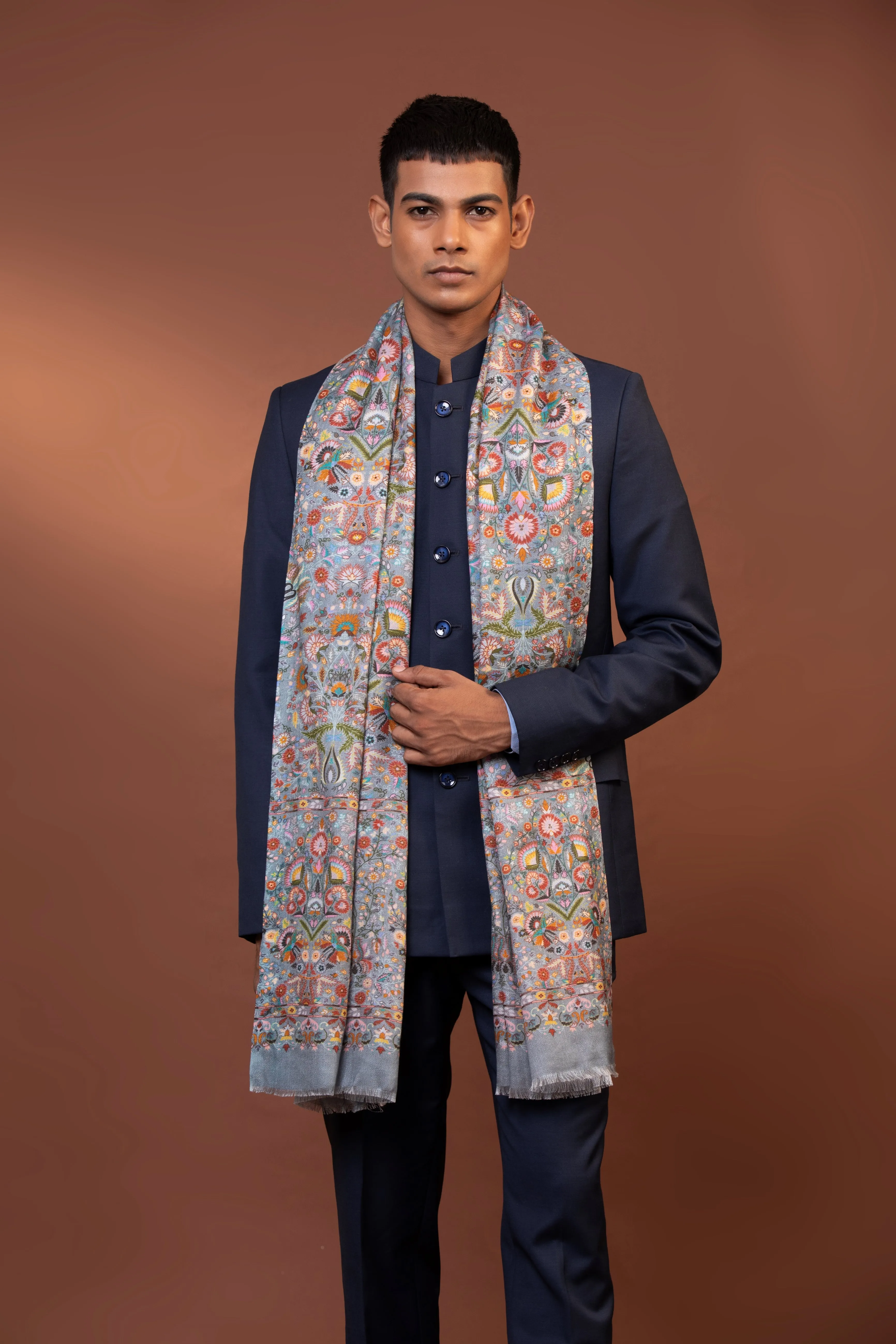 Kashmiri Pure Viscose Handloom Shawl with Multicolor Floral Embroidery