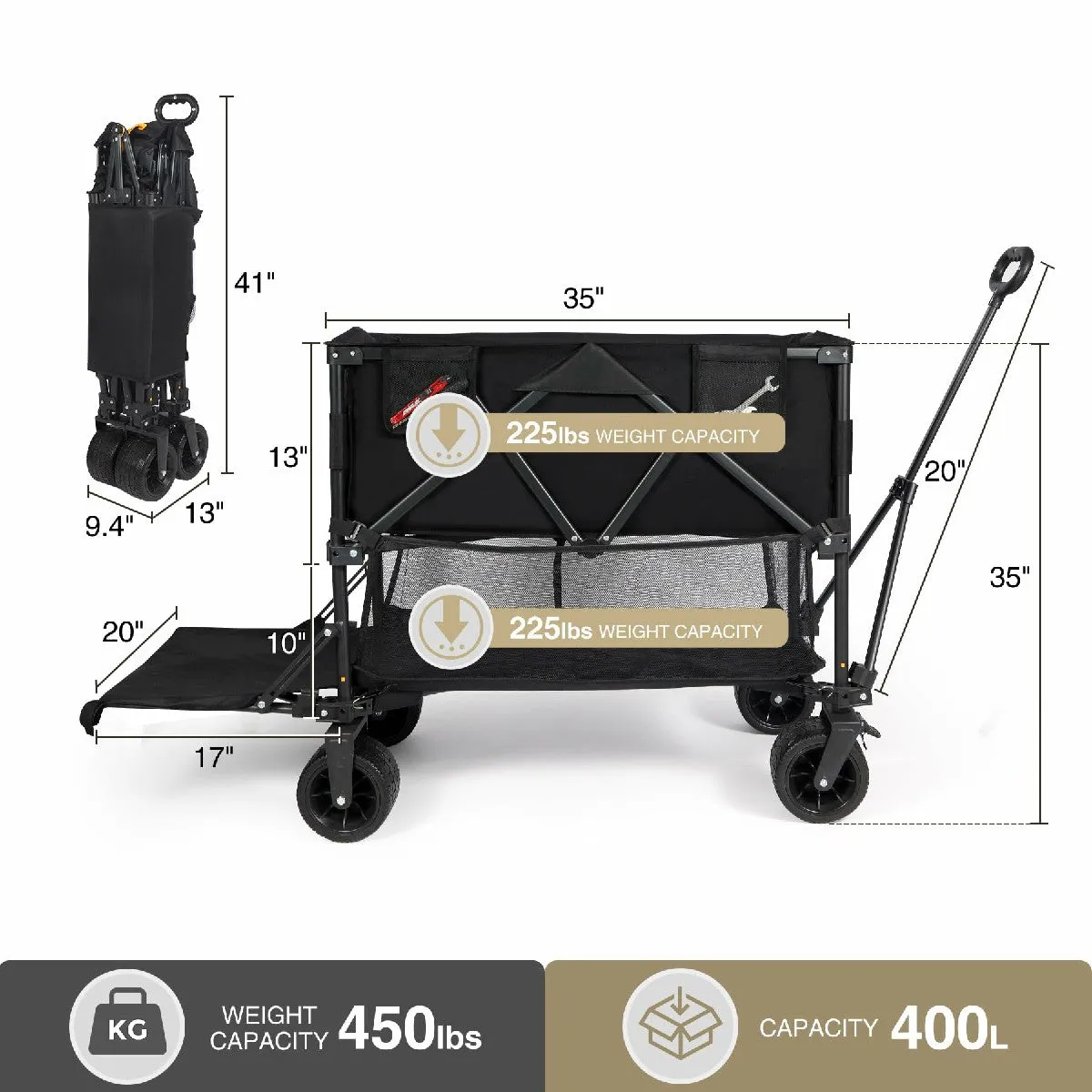 Large Collapsible Double Decker Wagon, 450lbs Heavy Duty