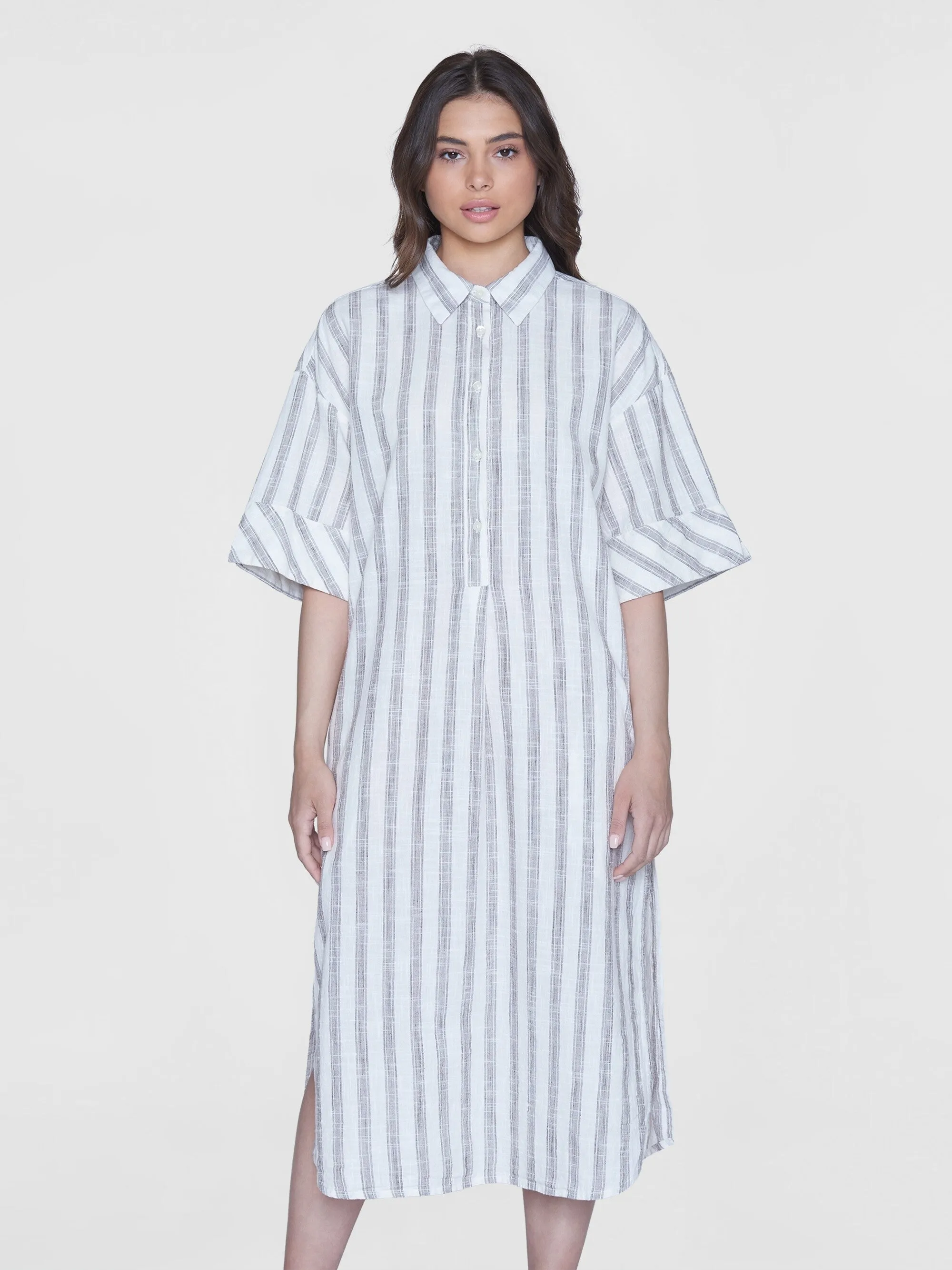 Loose multicolored stripe short sleeved shirt dress - GOTS/Vegan - Brown stripe