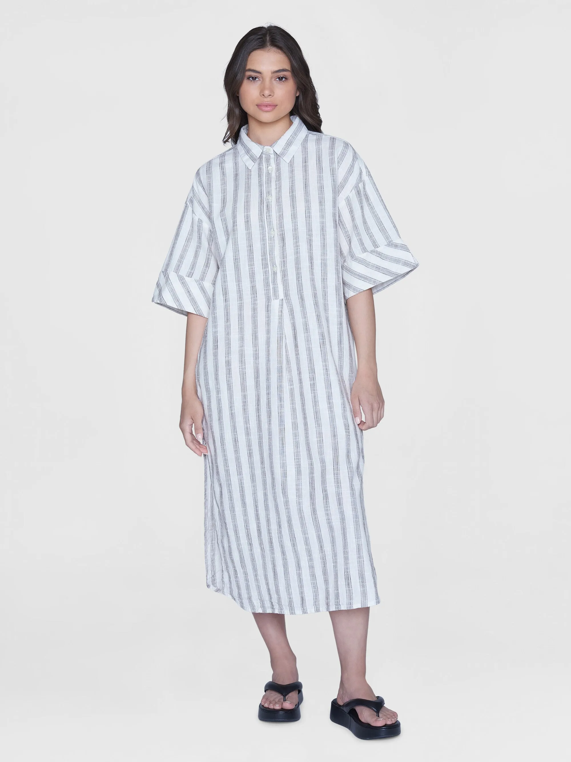 Loose multicolored stripe short sleeved shirt dress - GOTS/Vegan - Brown stripe