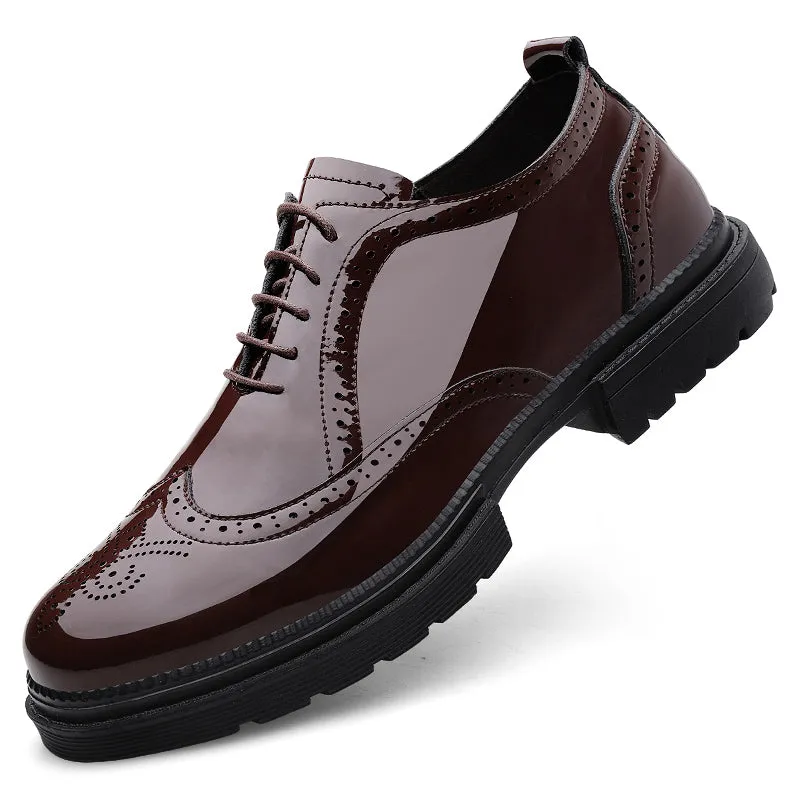 Men's Lace Up Derby Formal Leather Classic Thick Soled Dress Oxfords Breathable Glossy Block Carved Business Shoes