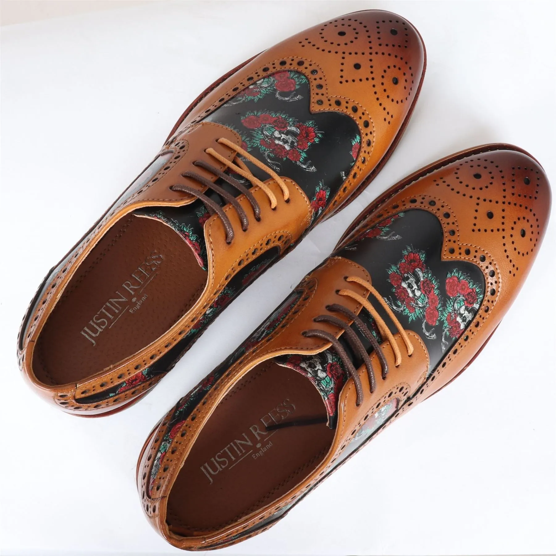 Men's Shoes Brown Floral Skull Print Leather Oxford Brogue Lace Up Formal Dress Shoe