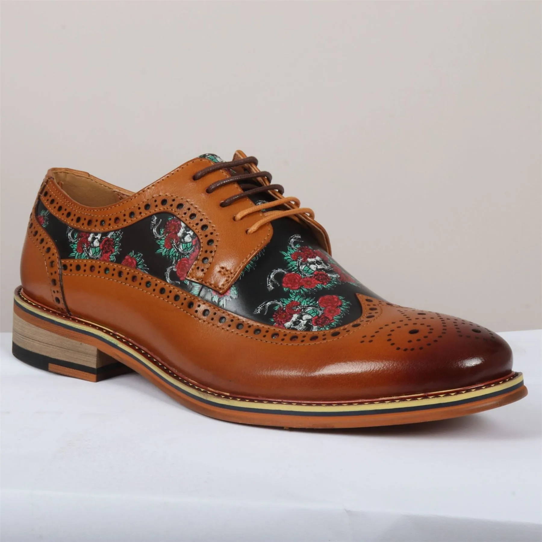 Men's Shoes Brown Floral Skull Print Leather Oxford Brogue Lace Up Formal Dress Shoe