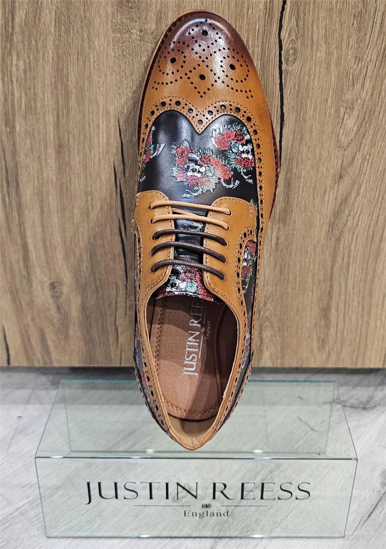 Men's Shoes Brown Floral Skull Print Leather Oxford Brogue Lace Up Formal Dress Shoe