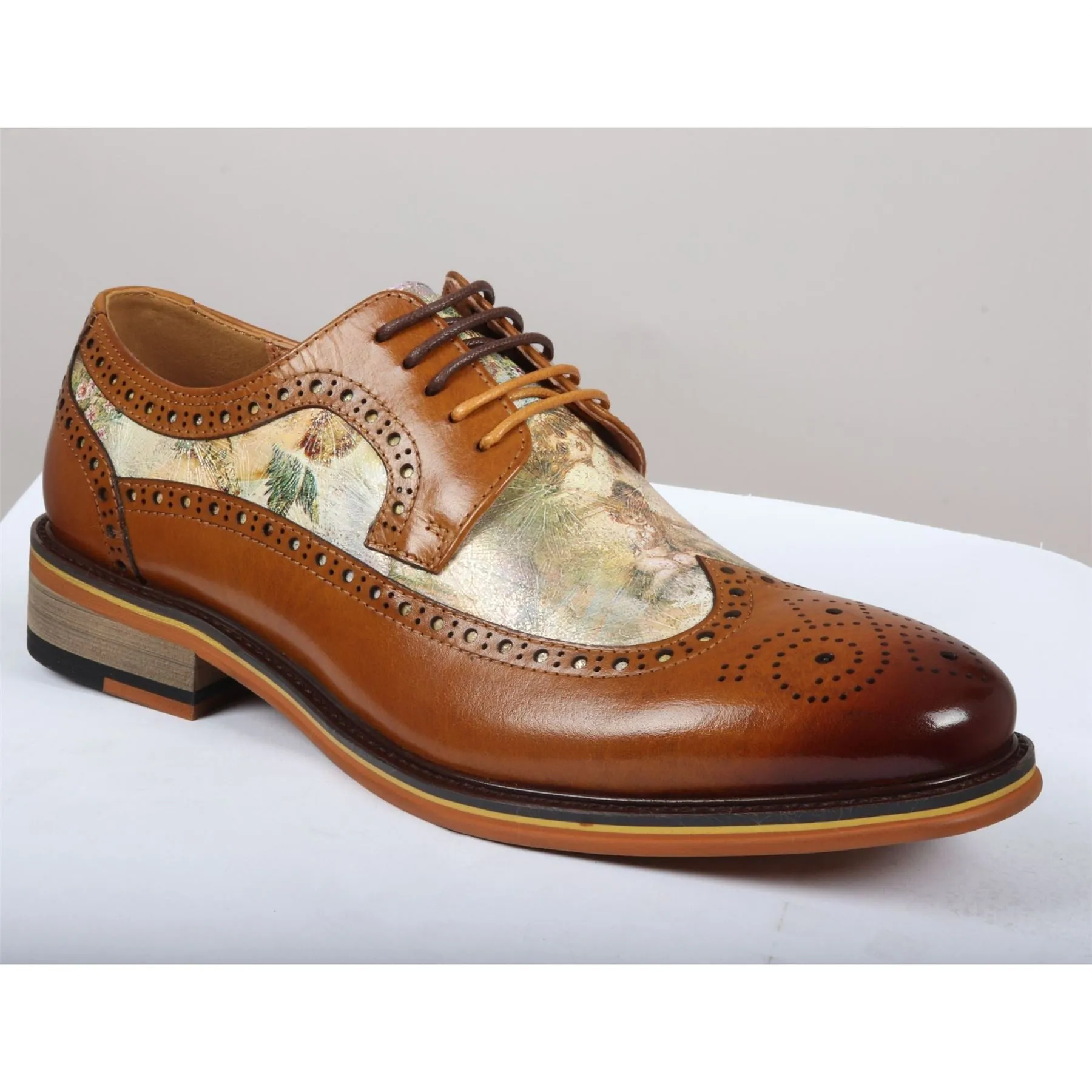 Men's Shoes Brown Iconic Print Leather Oxford Brogue Lace Up Formal Dress Shoe