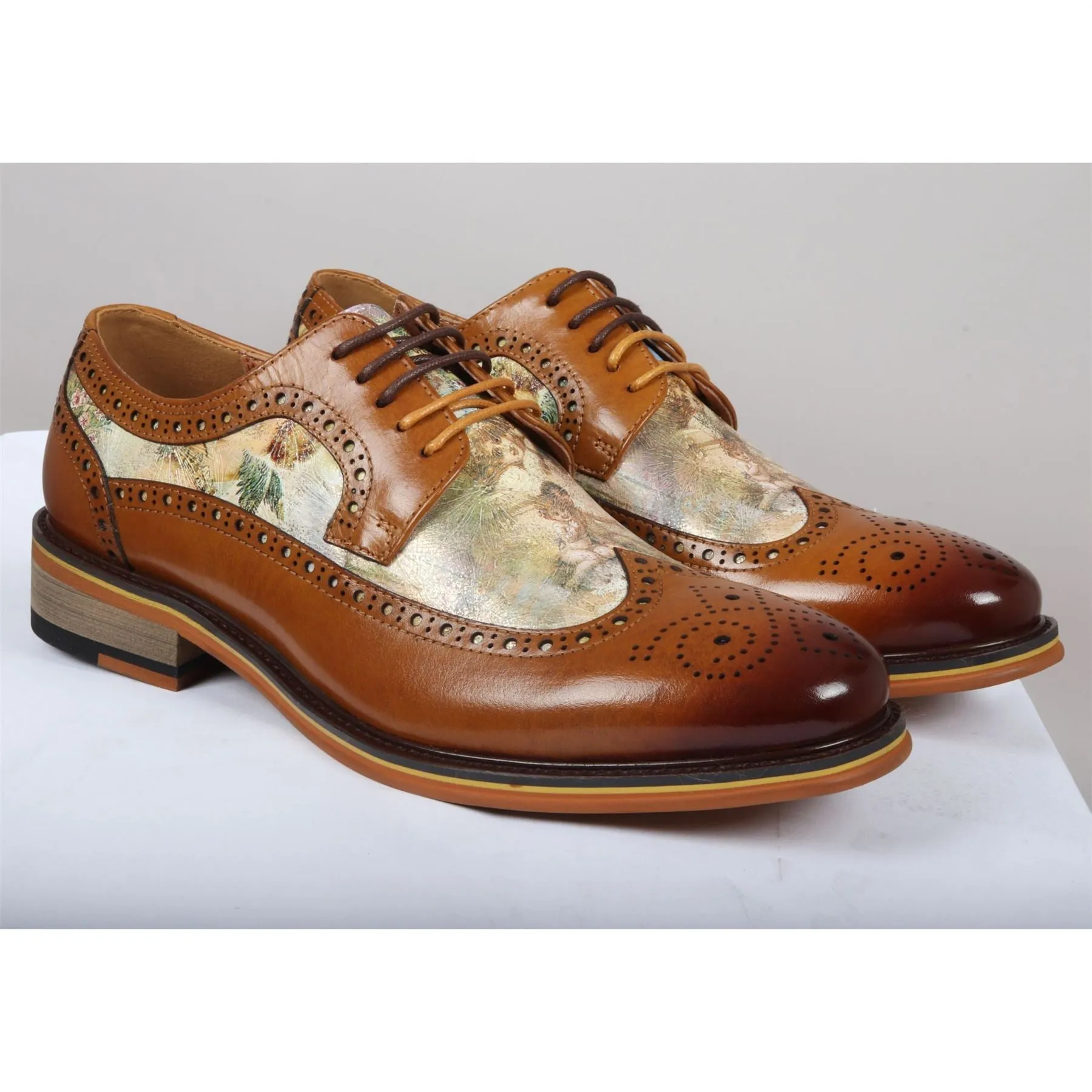 Men's Shoes Brown Iconic Print Leather Oxford Brogue Lace Up Formal Dress Shoe