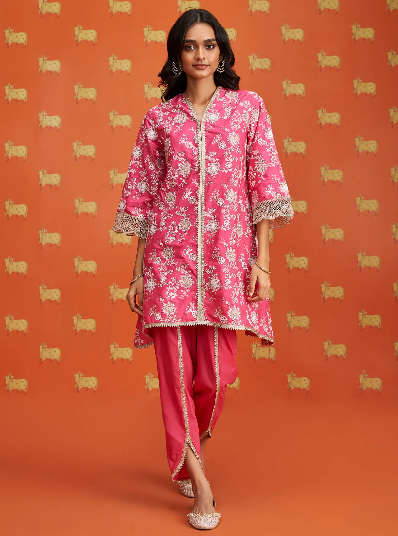 Mulmul Cotton Komen Fuschia Kurta With Mulmul Cotton Komen Fuschia Dhoti Pant