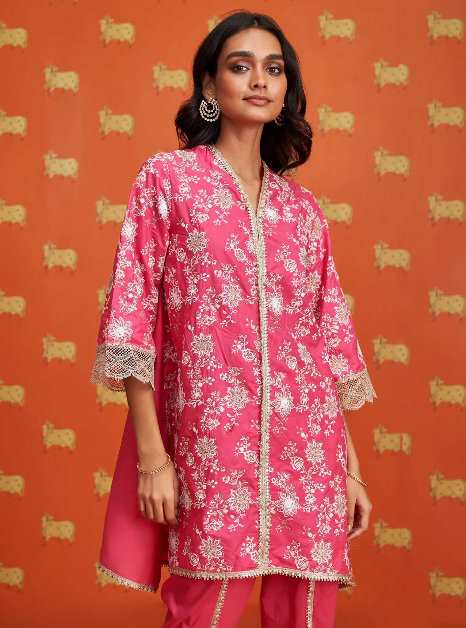 Mulmul Cotton Komen Fuschia Kurta With Mulmul Cotton Komen Fuschia Dhoti Pant