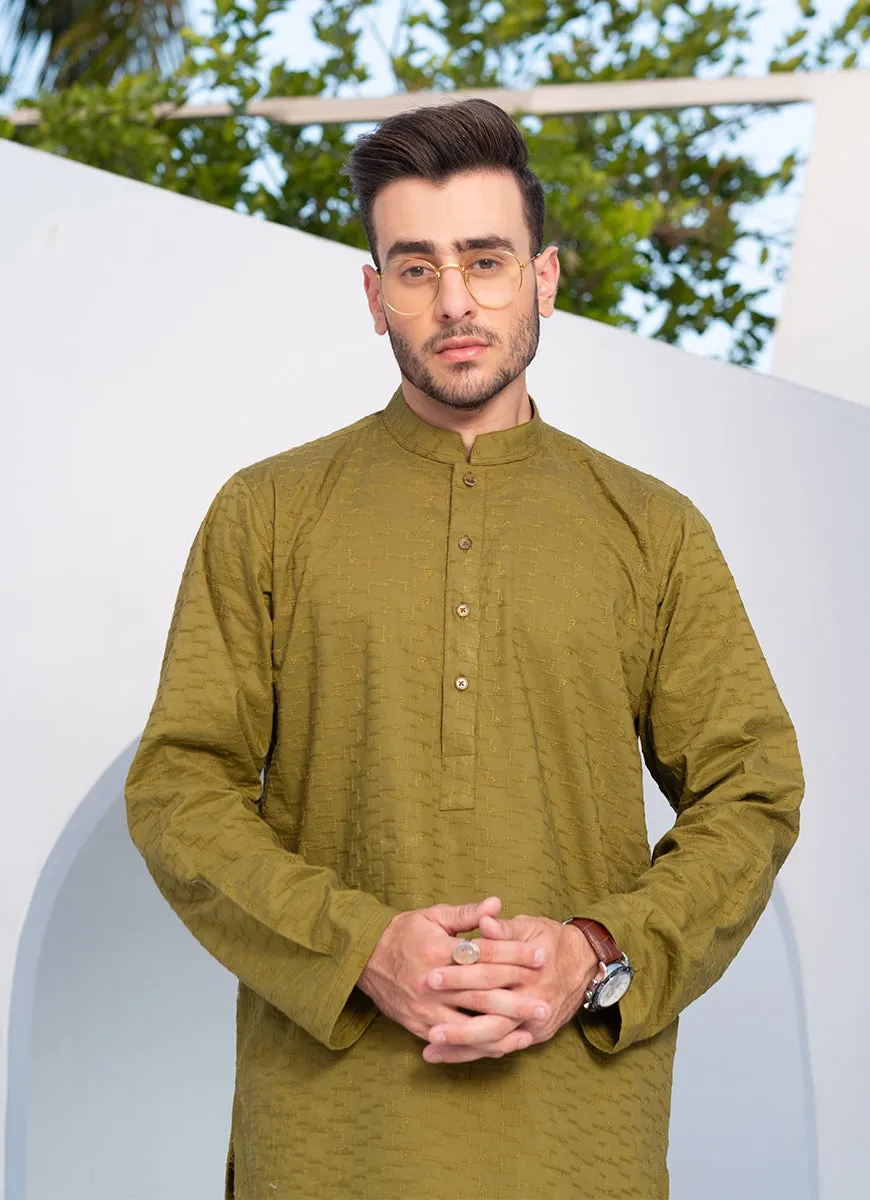 Olive Green Self Embroidered Schiffli Cotton Kurta