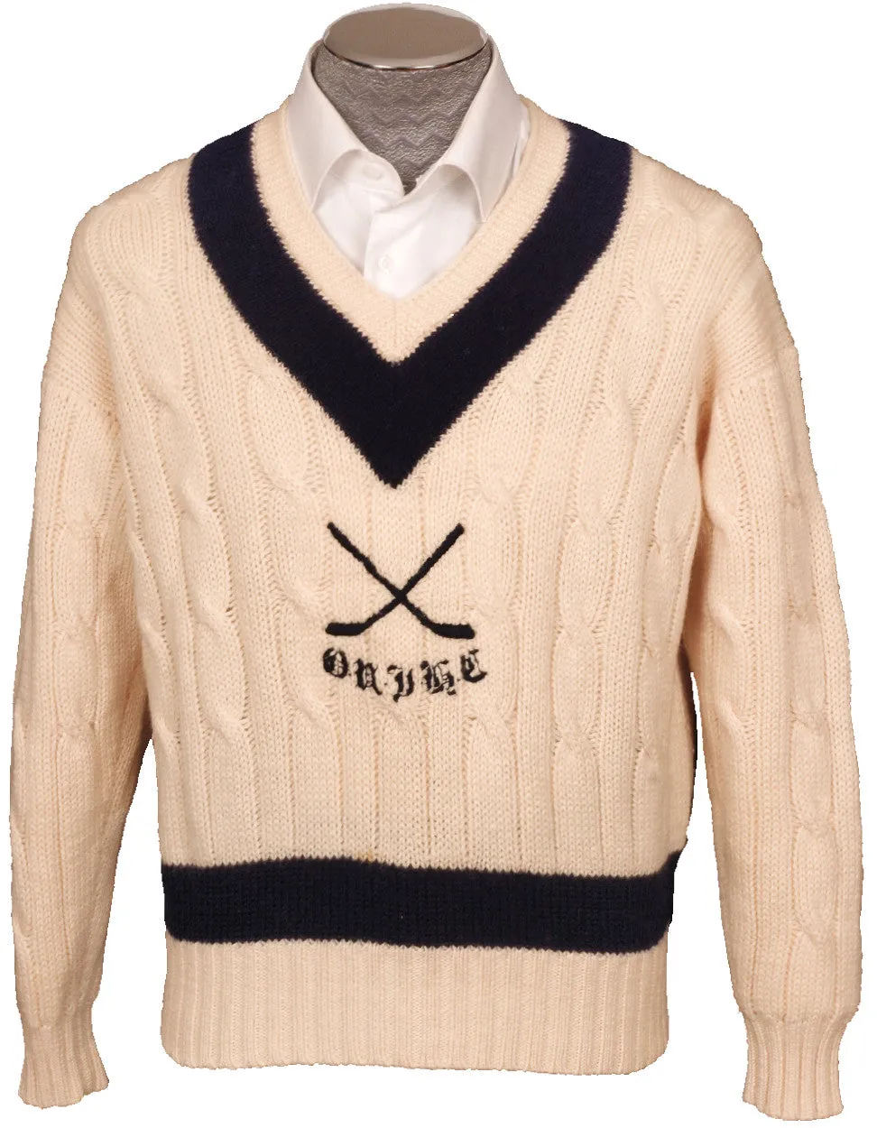 English Made White Pure Wool Oxford University Ice Hockey Club Sweater Cricket Style Mens Size 44 Large