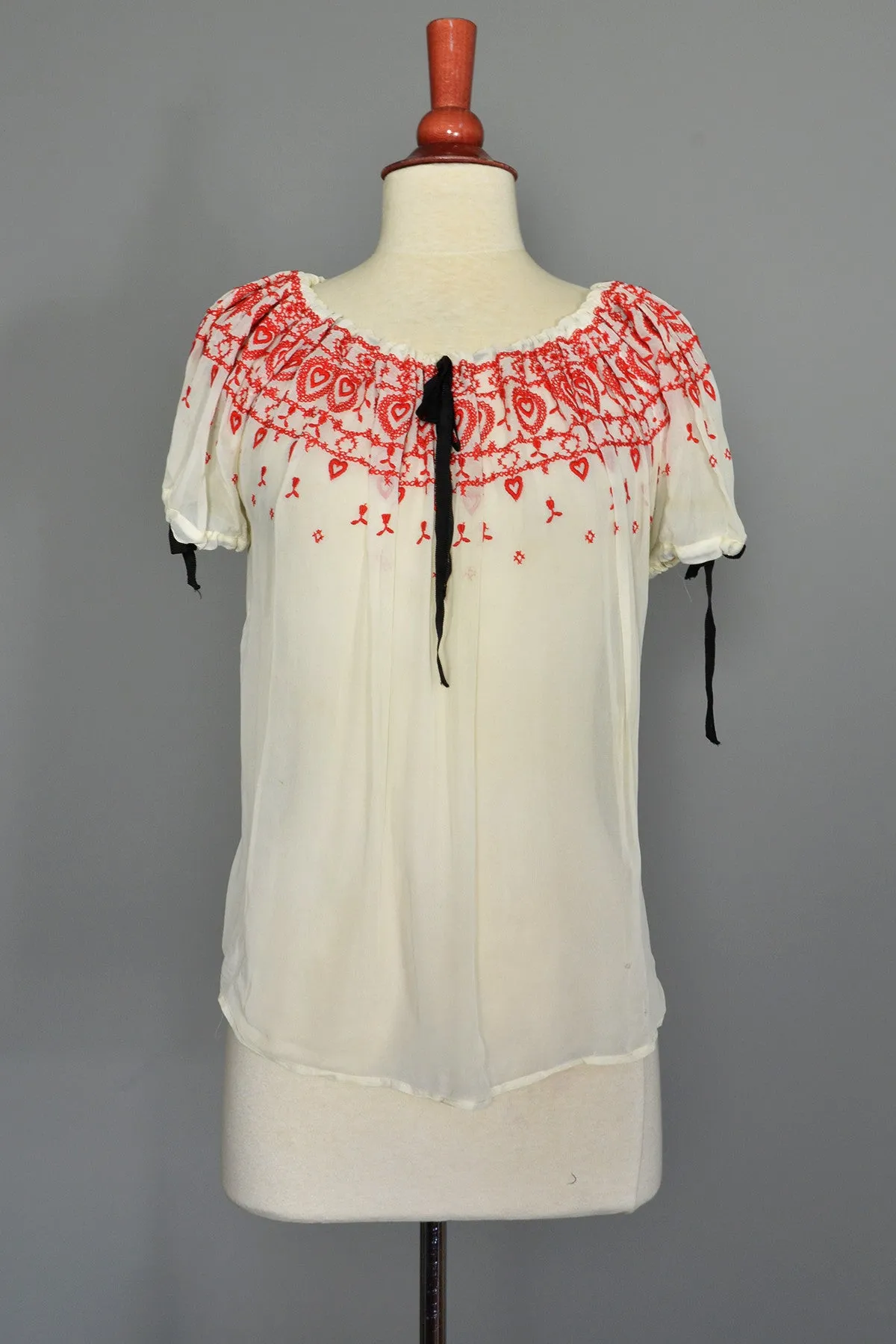 Red Hearts on Pearly White Nylon Chiffon Peasant Top