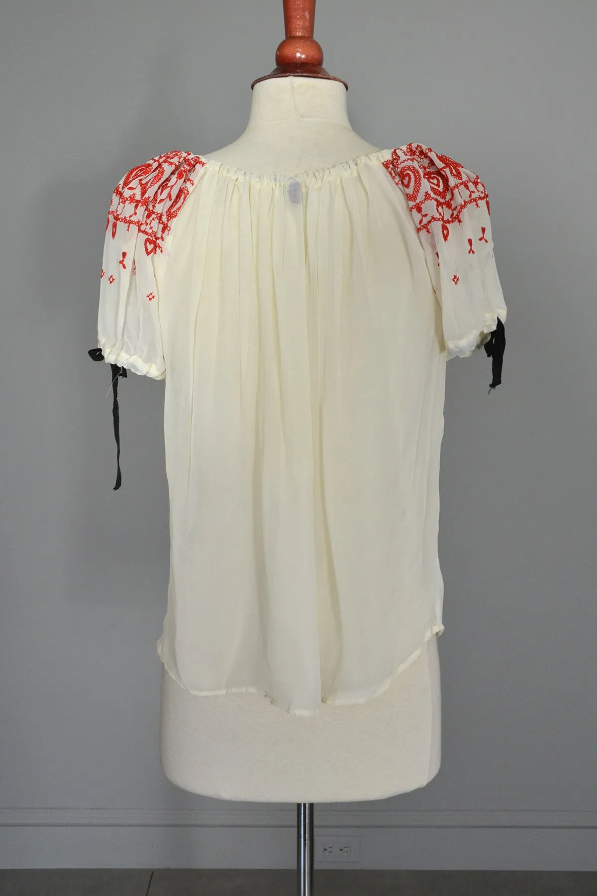 Red Hearts on Pearly White Nylon Chiffon Peasant Top