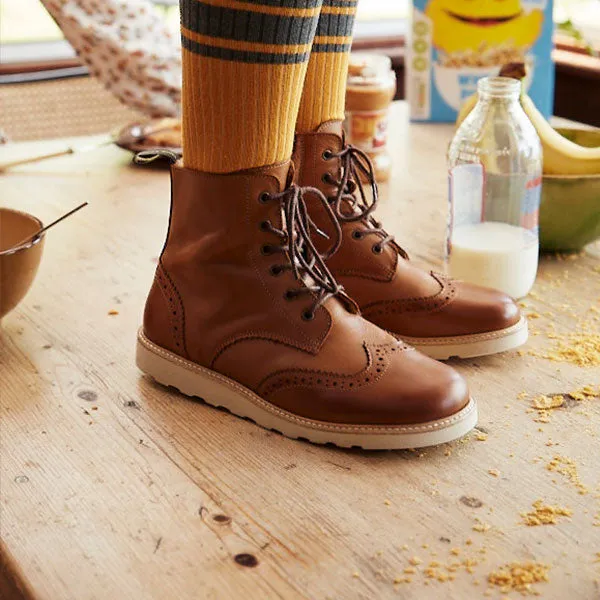 Stylish Sidney Brogue Kids Boot in Tan Burnished Leather – Durable and Classic Design