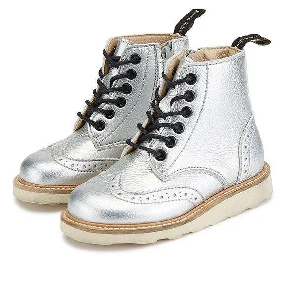 Sidney Vegan Brogue Kids Boot Silver Synthetic Leather