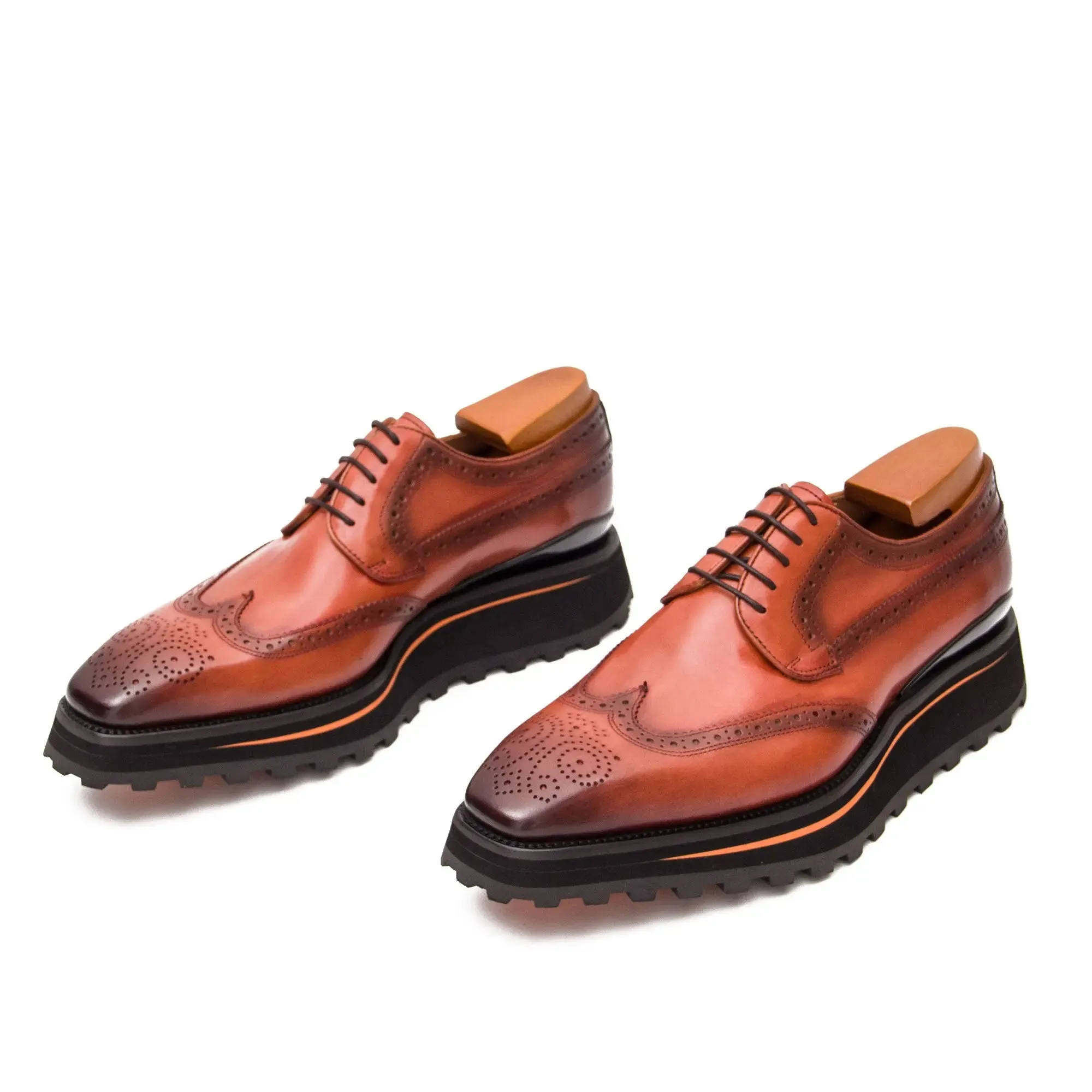 Thick-soled calfskin formal brogue derby shoes