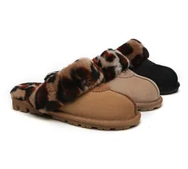 Womens Leopard Print Double-Faced Sheepskin Wool UGG House Slippers