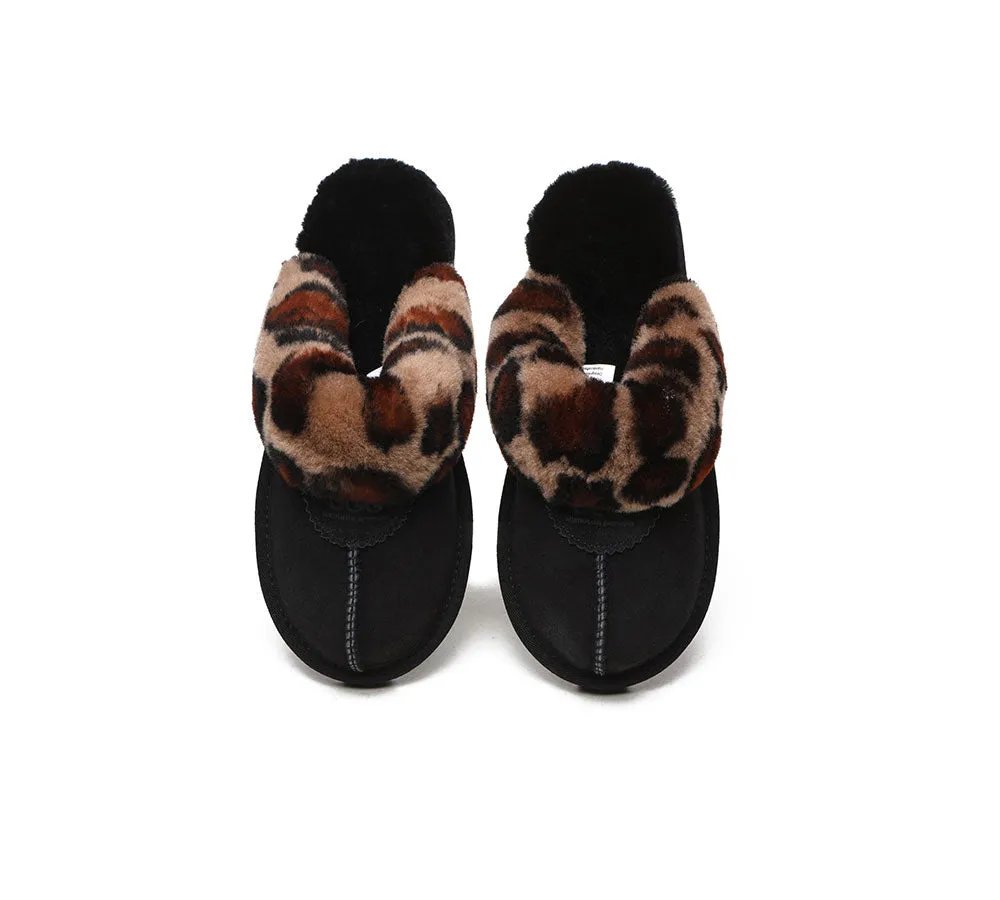 Womens Leopard Print Double-Faced Sheepskin Wool UGG House Slippers