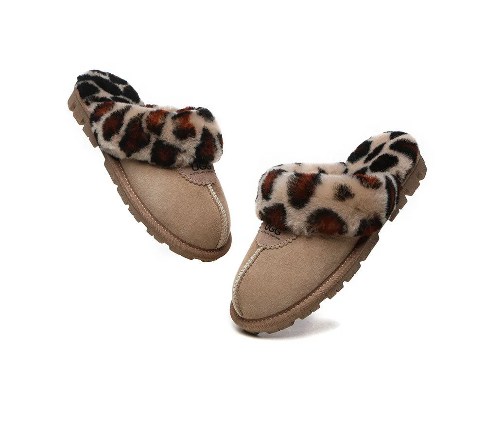 Womens Leopard Print Double-Faced Sheepskin Wool UGG House Slippers