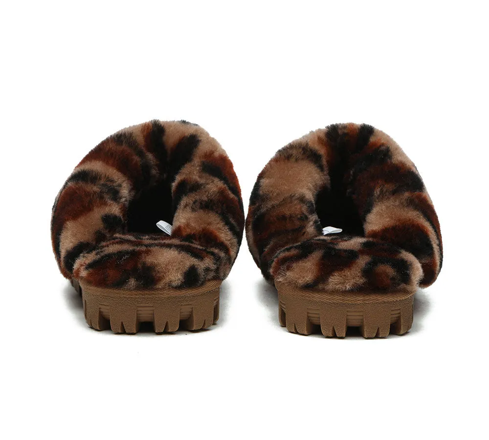 Womens Leopard Print Double-Faced Sheepskin Wool UGG House Slippers