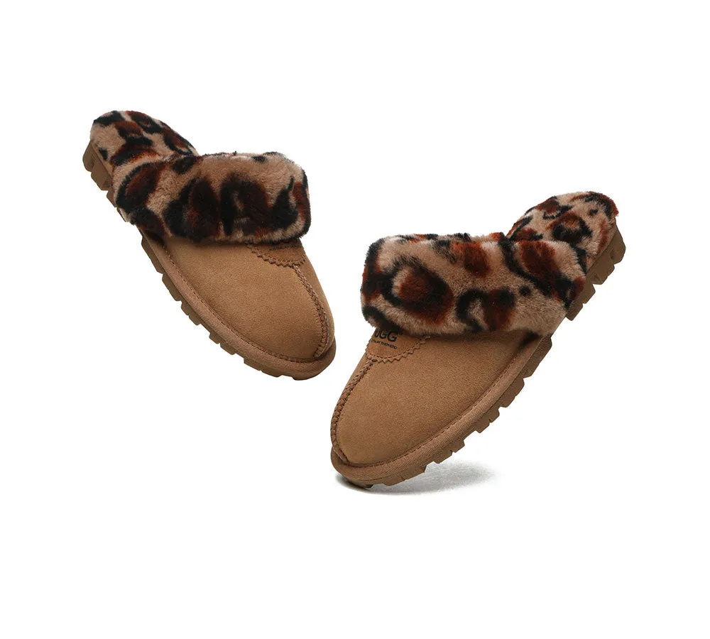 Womens Leopard Print Double-Faced Sheepskin Wool UGG House Slippers